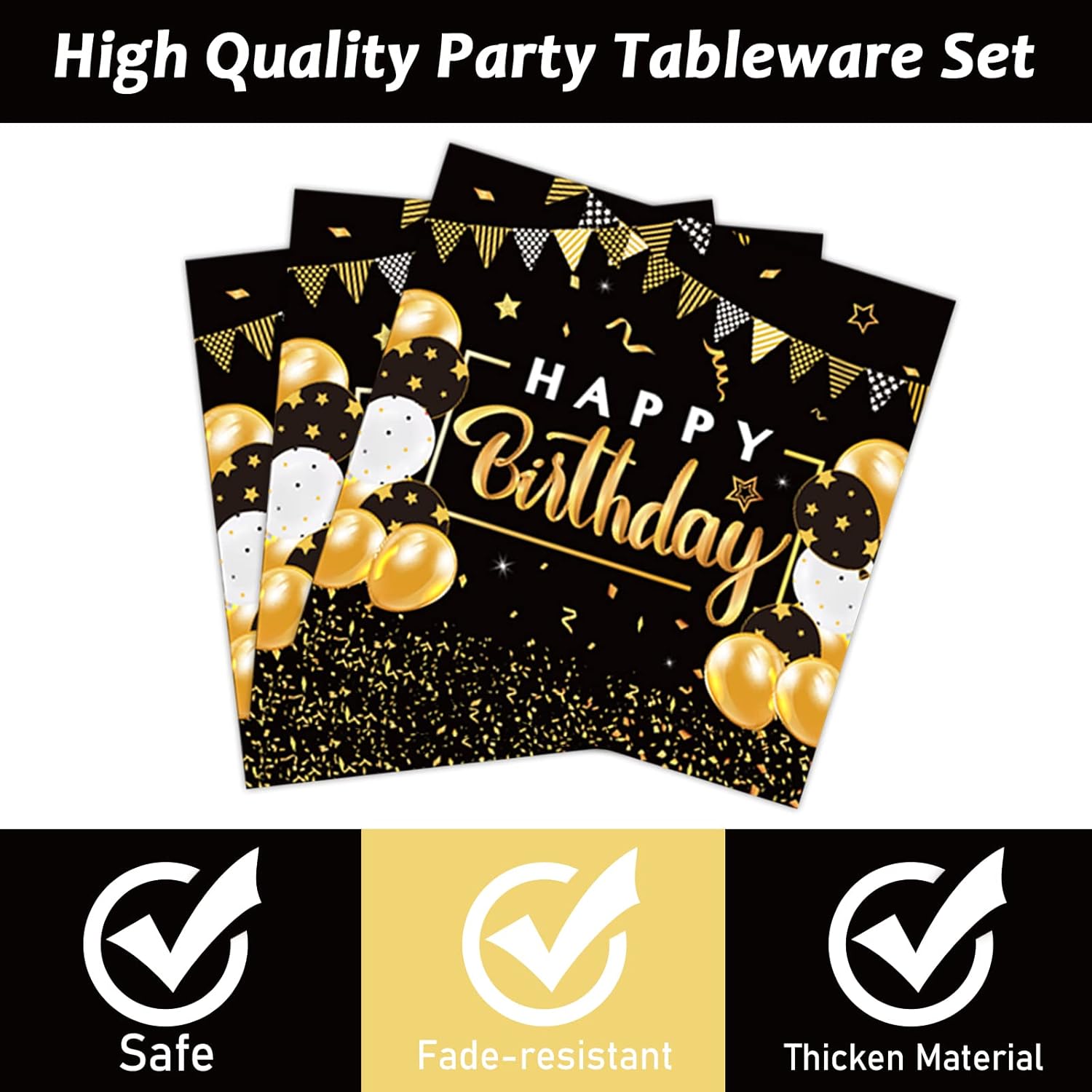 96 Pcs Black Gold Birthday Party Tableware Set for 24 Guests