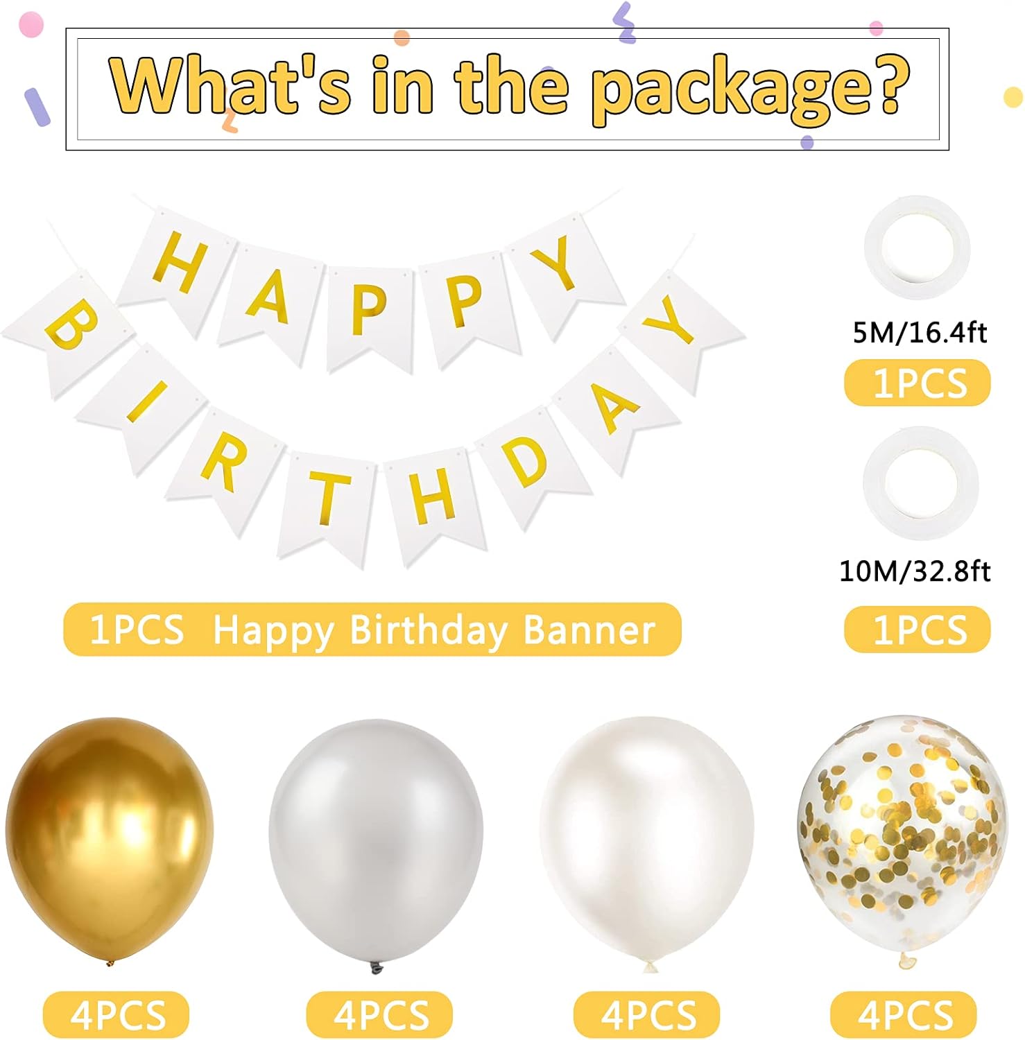 Happy Birthday Banner Bunting Set White Gold Balloons Confetti Decorations