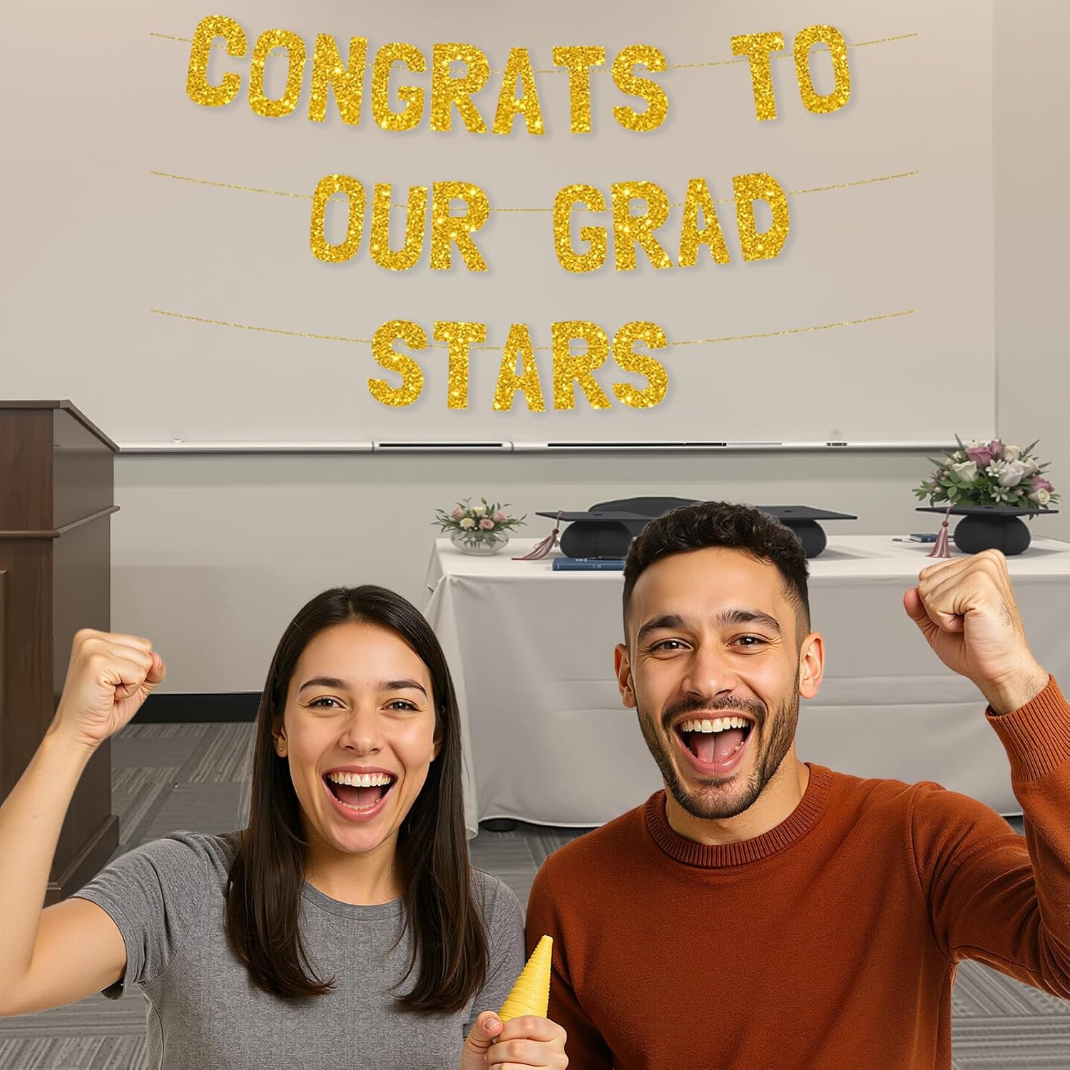 Meowoo Graduation Party Decor Banner with Gold Glitter