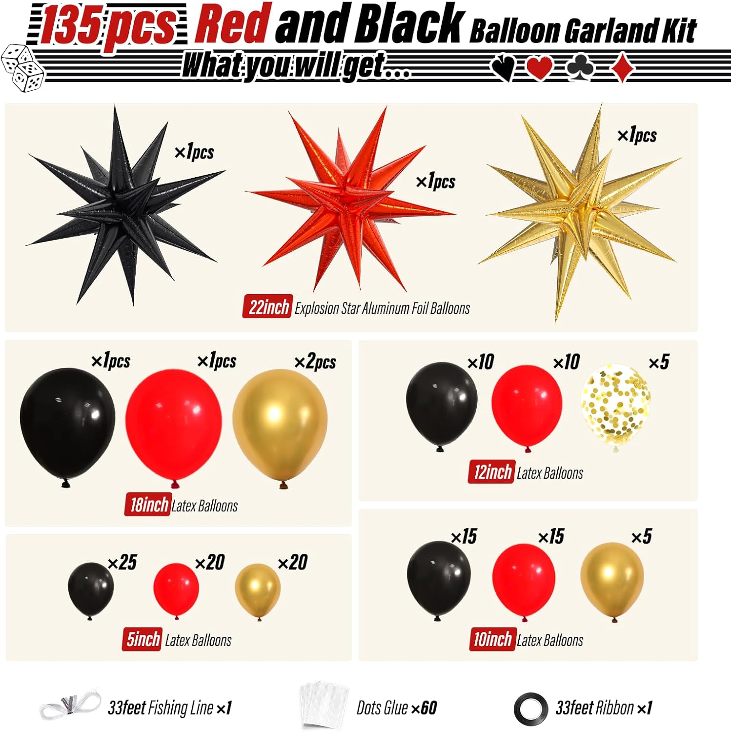 Red Black Gold Balloon Arch Kit with Garland and Star Balloons