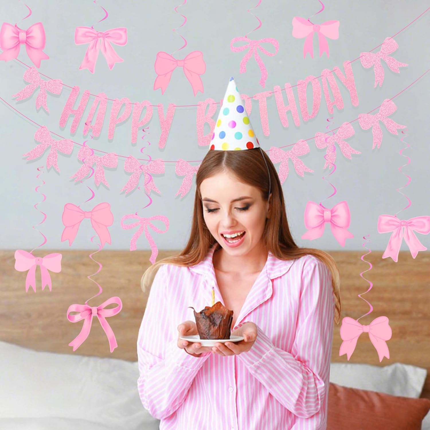 Pink Happy Birthday Bow Banner with 21 Spiral Bows