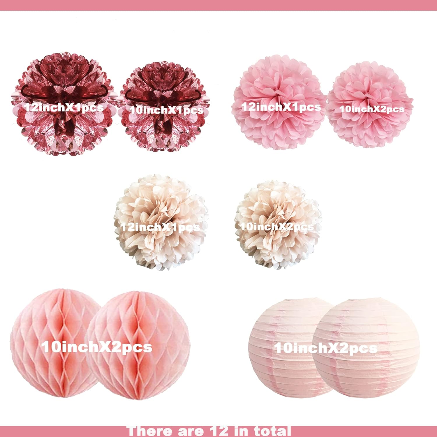Blush Chrome Hanging Decorations - 12inch Pom Poms and Paper Lanterns