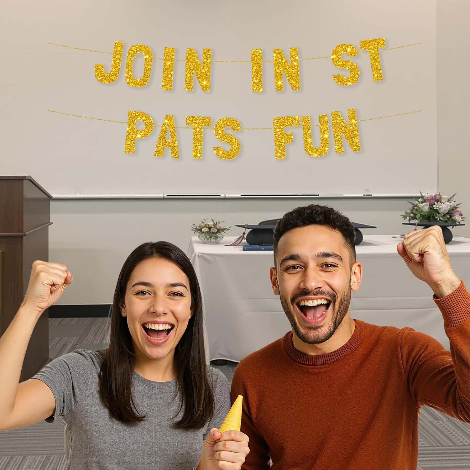 Meowoo St Patricks Day Banner with Gold Glitter Letters