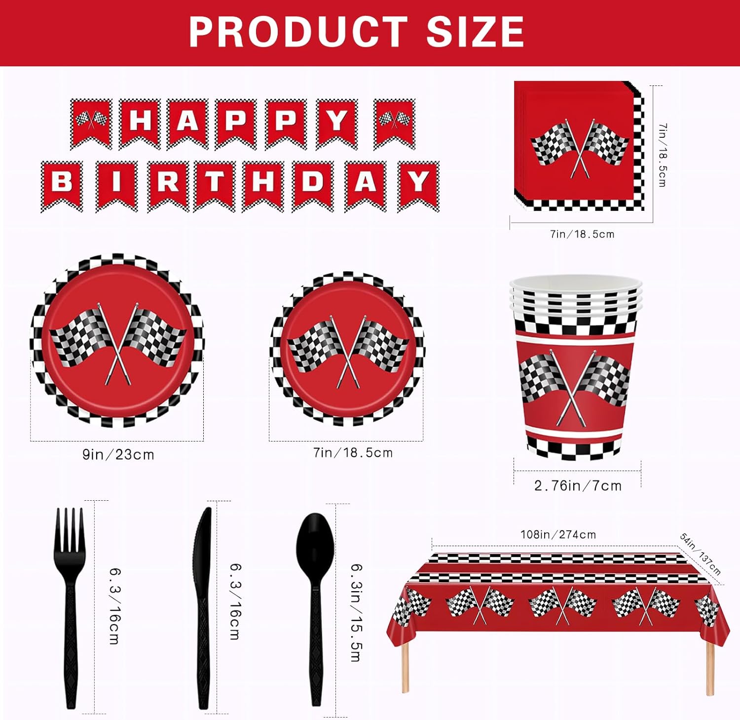Racing Birthday Party Supplies for Kids Red Black Checkered Tableware Set