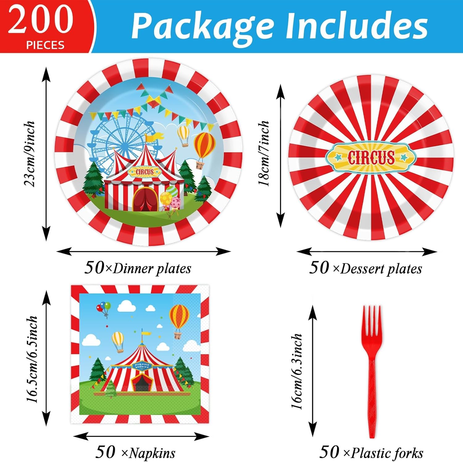 Circus Party Tableware Set 200pcs Serves 50
