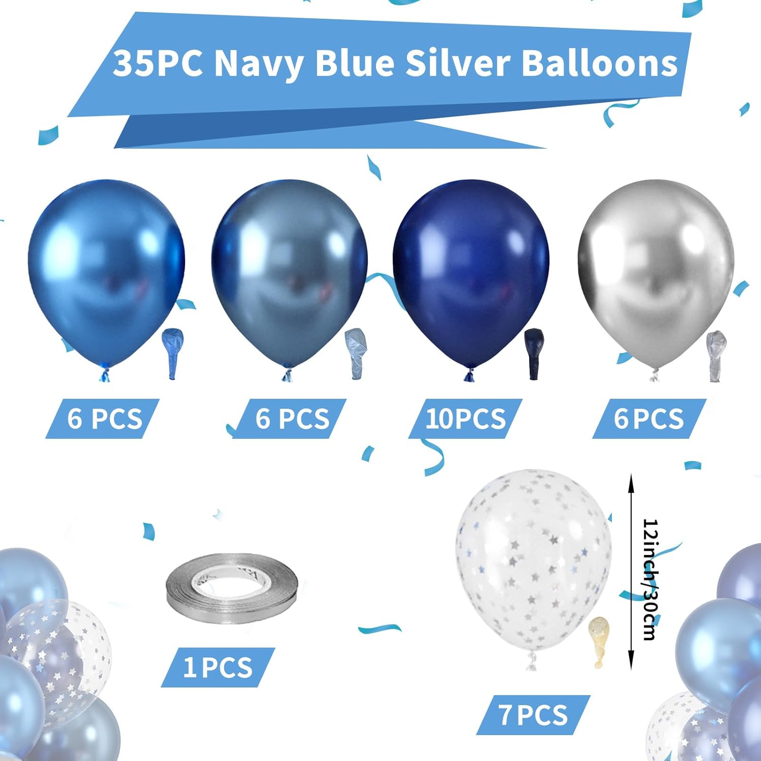 12 Inch Blue Silver Balloons Set for Birthday Decorations