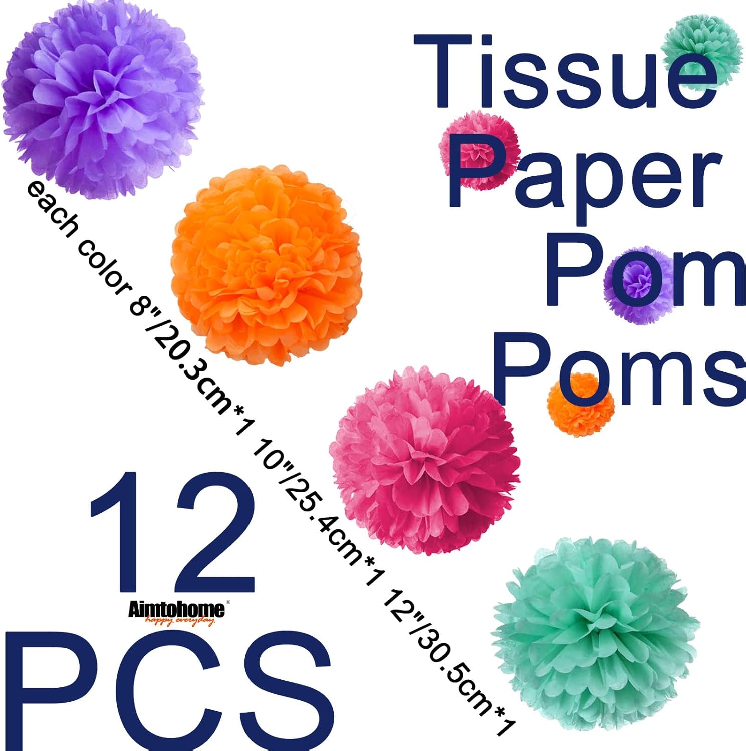 Purple Blue Orange Pink Paper Pom Poms 12PCS Decorations