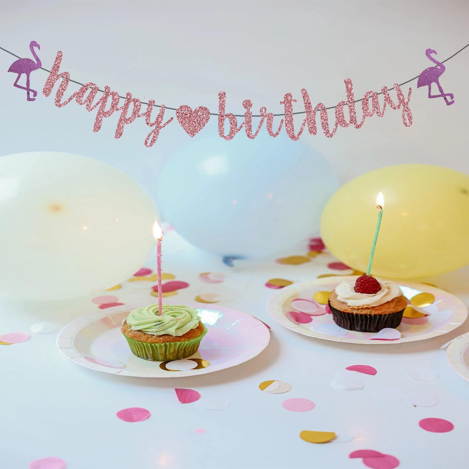 Rose Gold Happy Birthday Tropical Banner