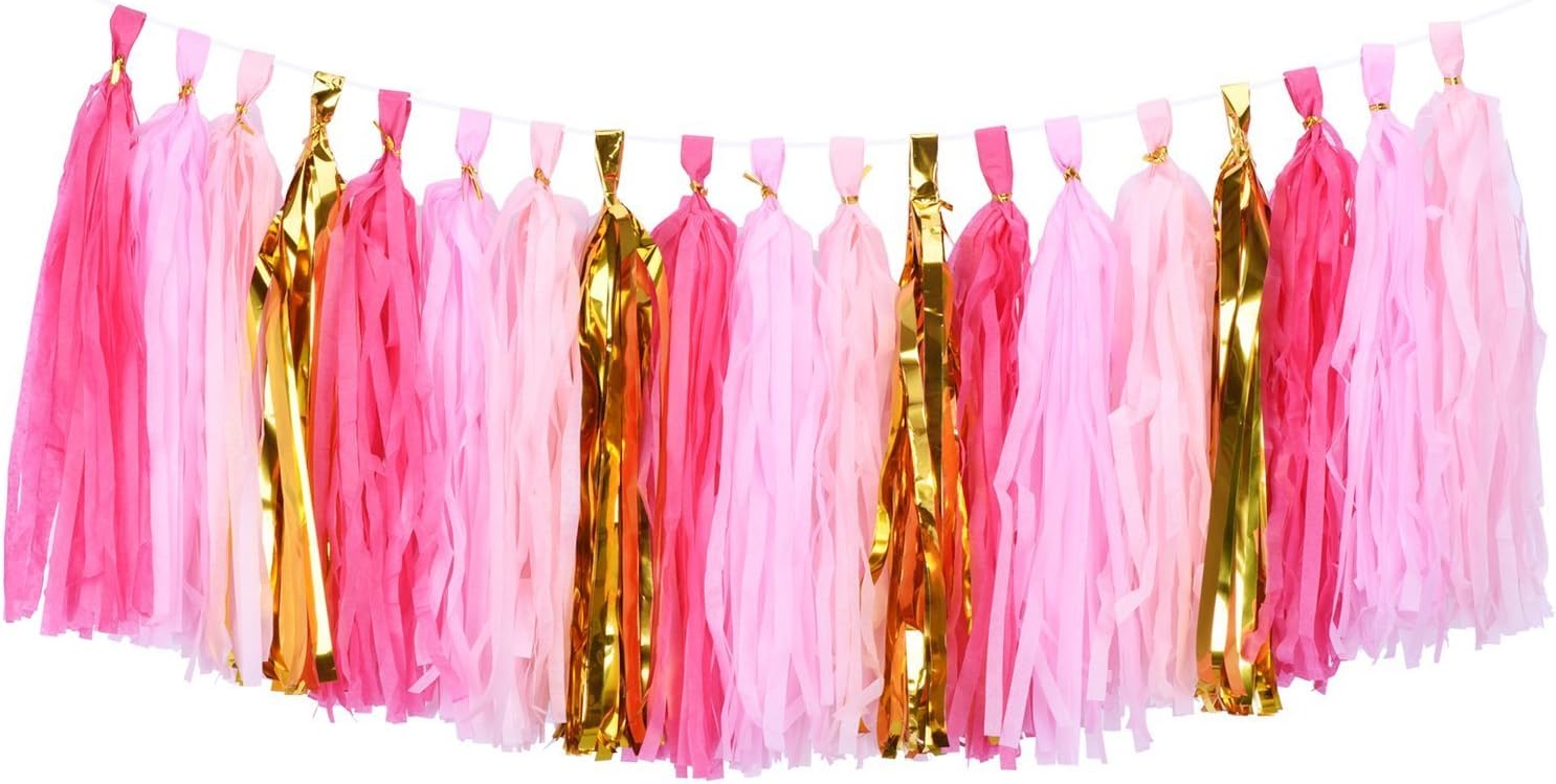 28 Ct Hot Pink Gold Tissue Hanging Decorations Set
