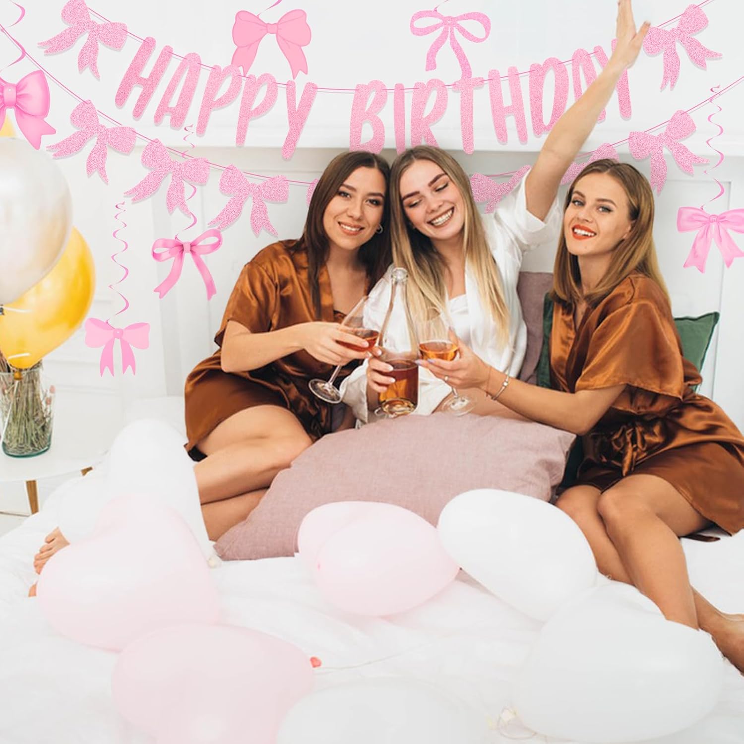 Pink Happy Birthday Bow Banner with 21 Spiral Bows