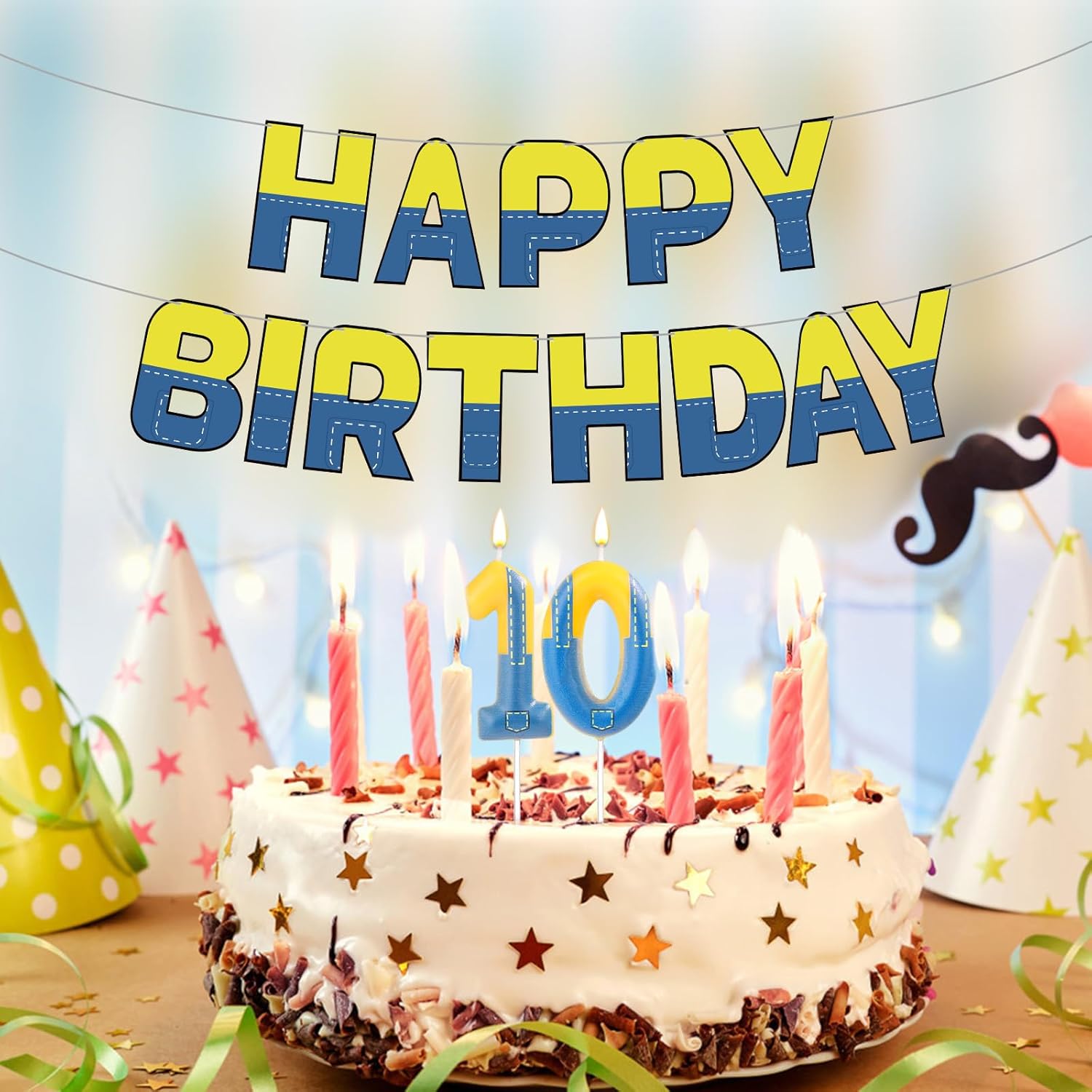 Gosknor Cartoon Birthday Banner Yellow Blue Garland Sign