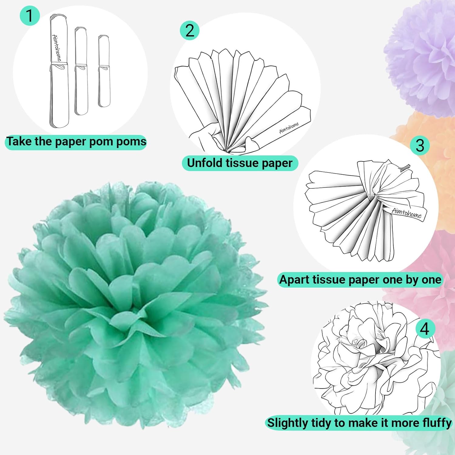 Purple Blue Orange Pink Paper Pom Poms 12PCS Decorations