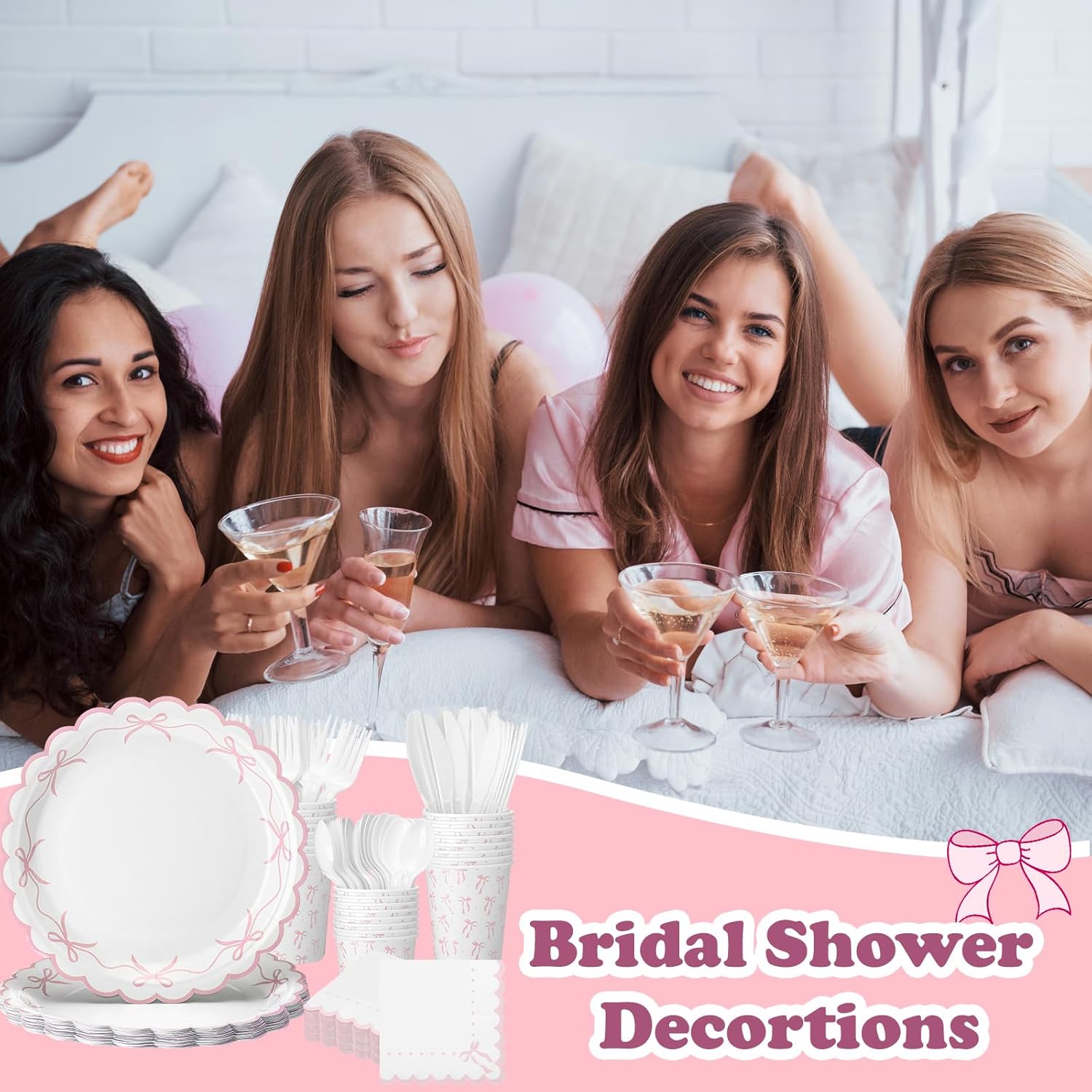 Sieral 144 Pcs Pink Bow Party Supplies Set