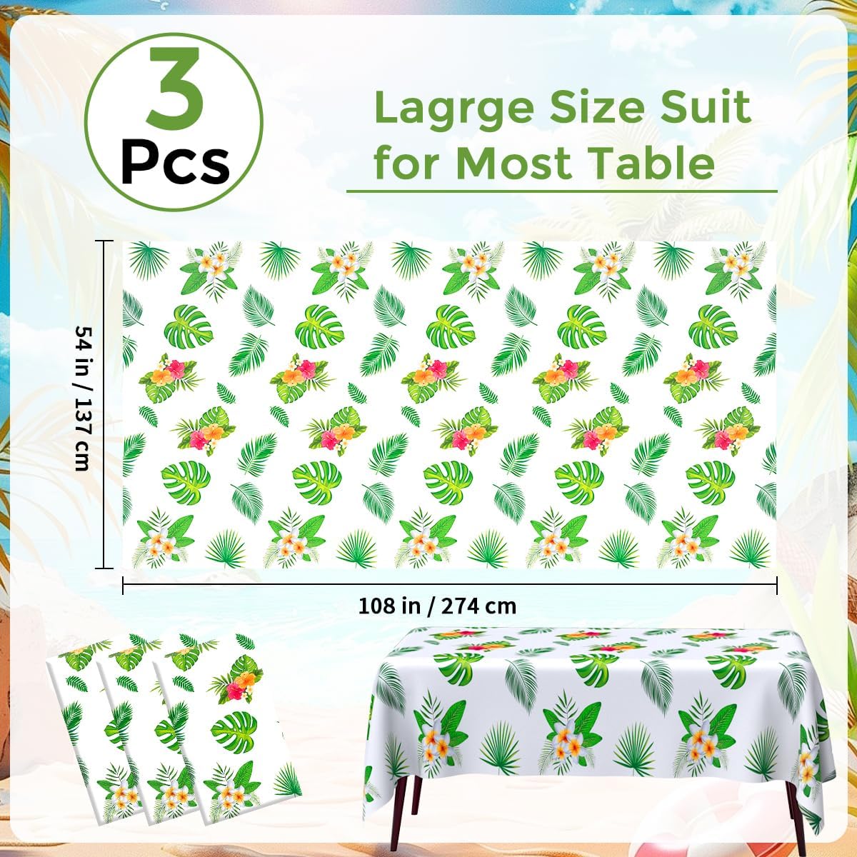 3PCS Hawaiian Luau Tablecloths Plastic 54x108 Inch Disposable Tropical Decor