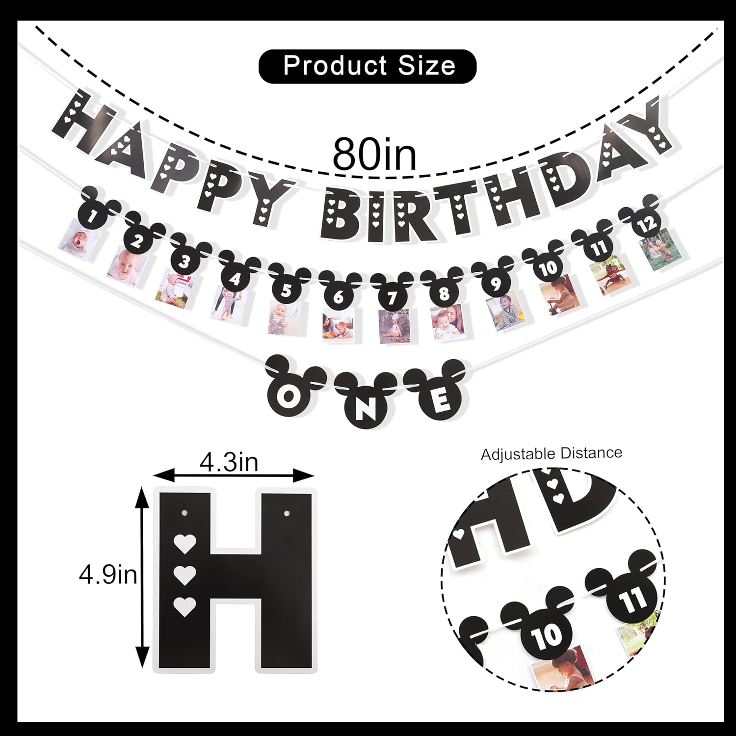 HIKLO Black and White Mouse 1st Birthday Banner Set