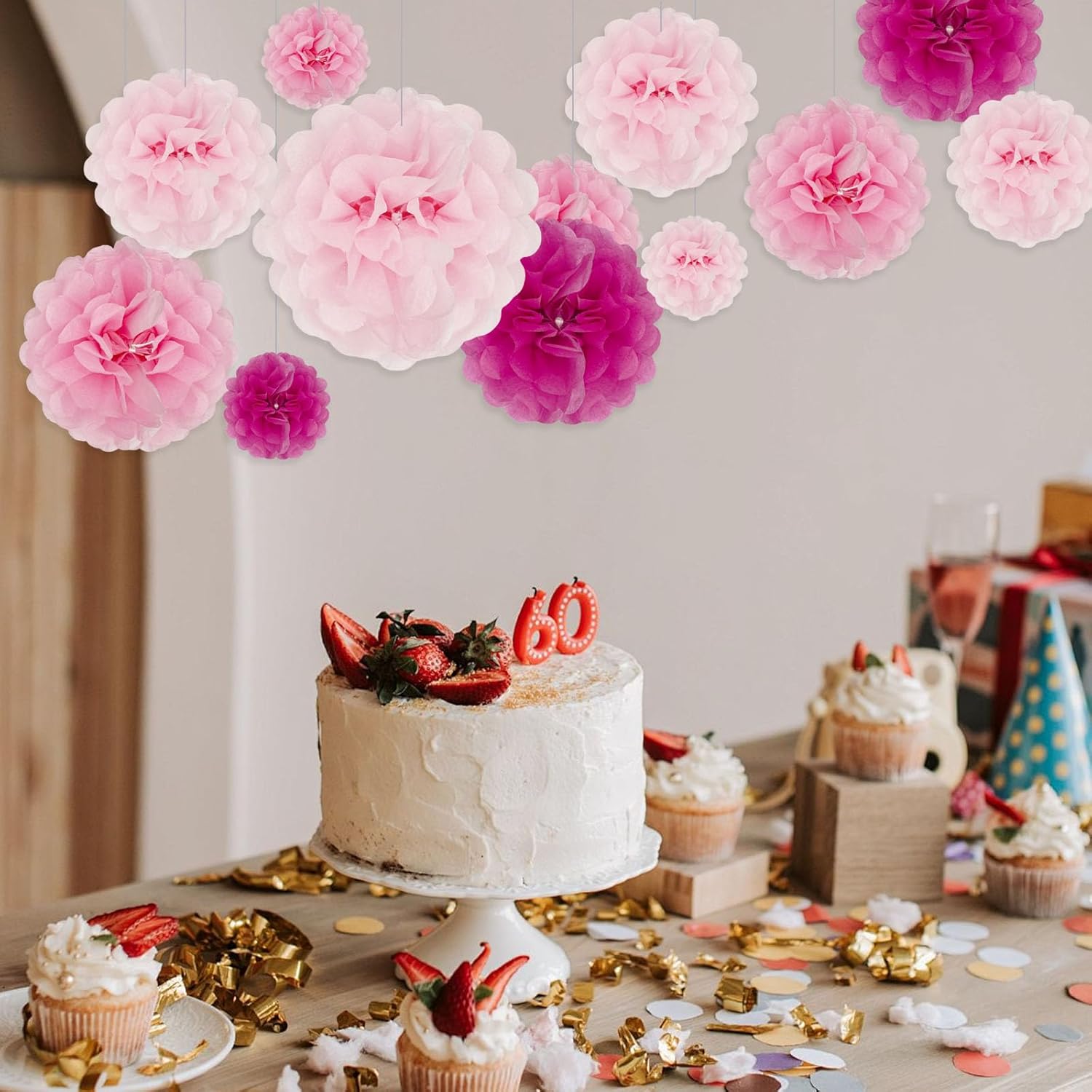 Tissue Paper Pom Poms 18 Piece Set Pink Flowers Decorations