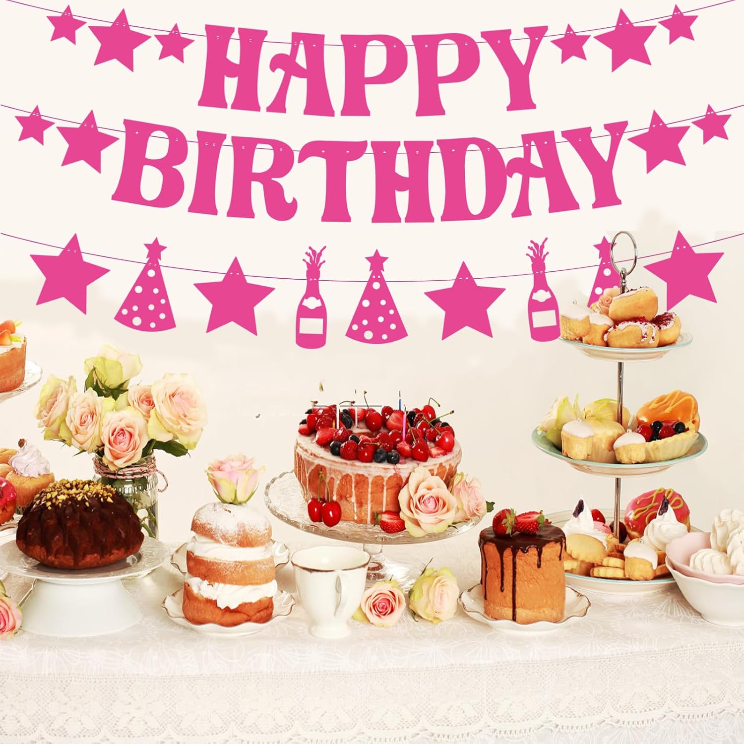 GOGOBAY Hot Pink Birthday Decorations 7PCS Set