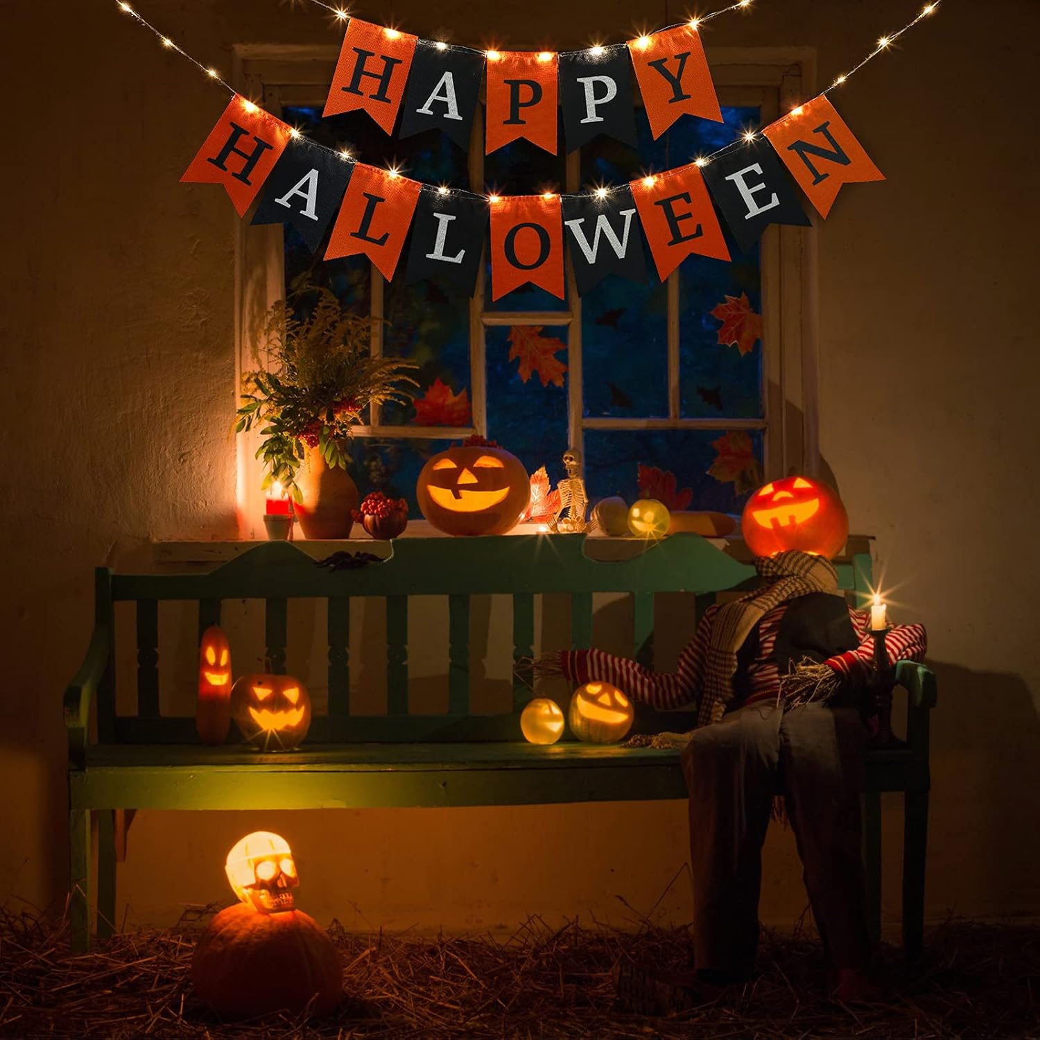 Happy Halloween Fabric Banner with String Light for Fireplace