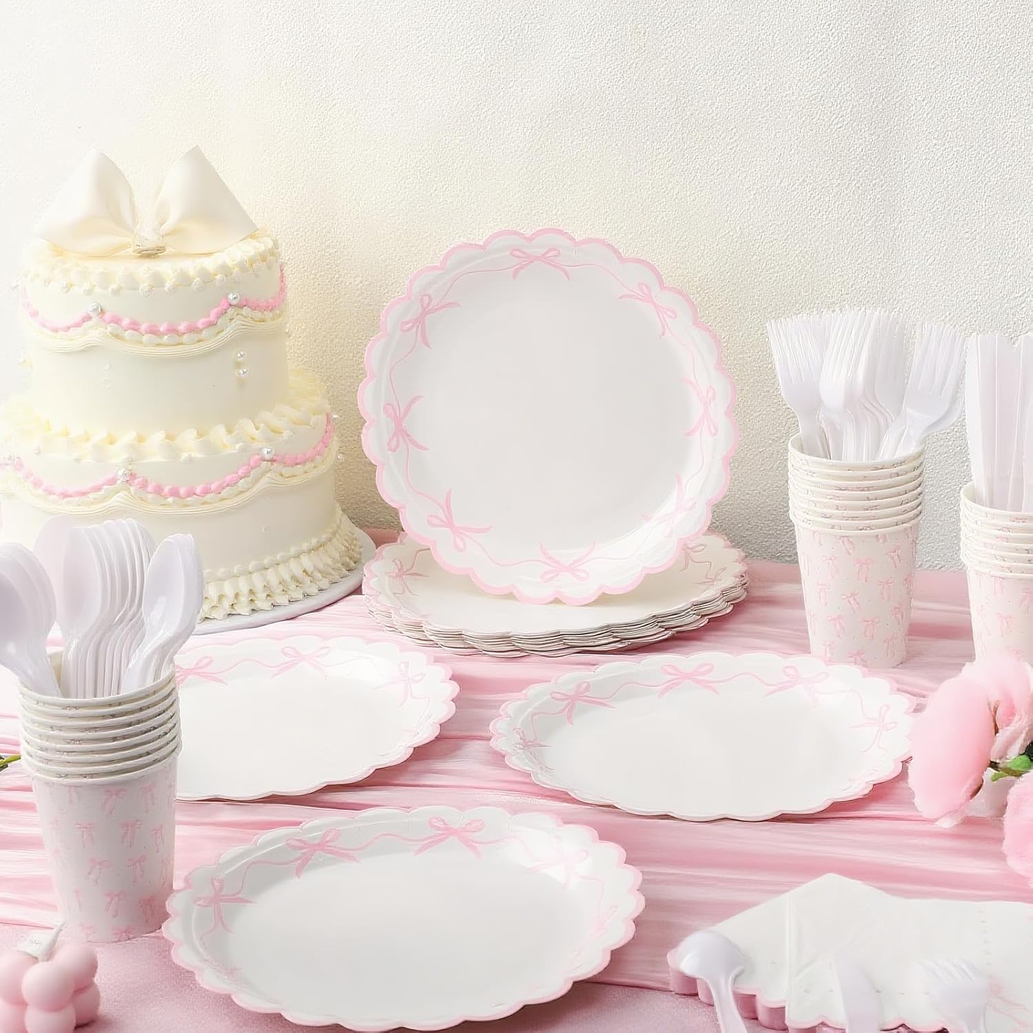 Sieral 144 Pcs Pink Bow Party Supplies Set