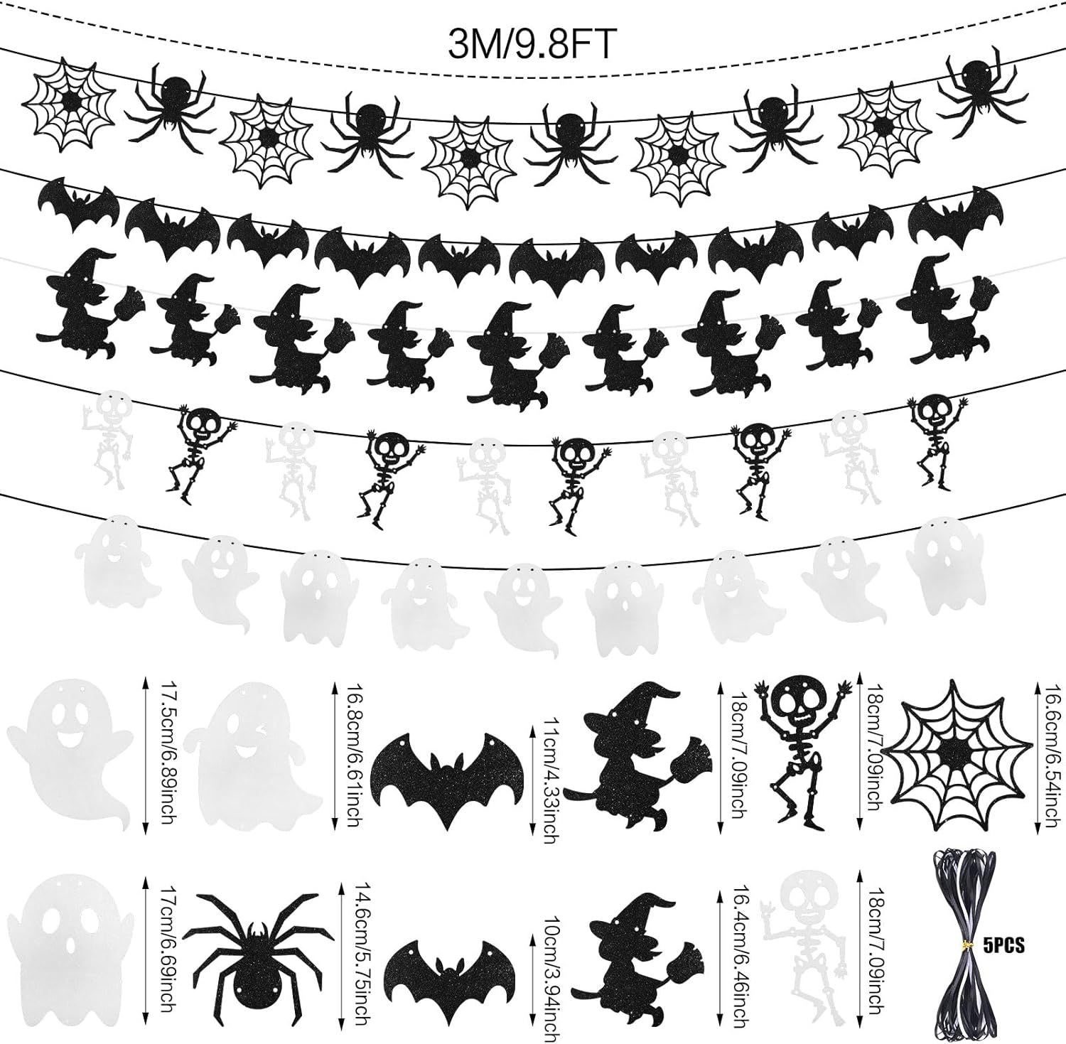 CCINEE Halloween Bat Spider Ghost Skeleton Witch Garland 5 PCS