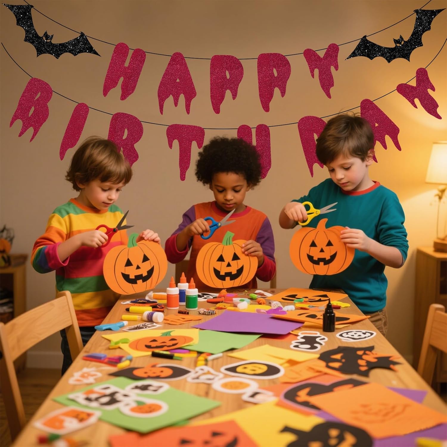 Halloween Happy Birthday Banner - Red Glitter Bloody Bat Decor