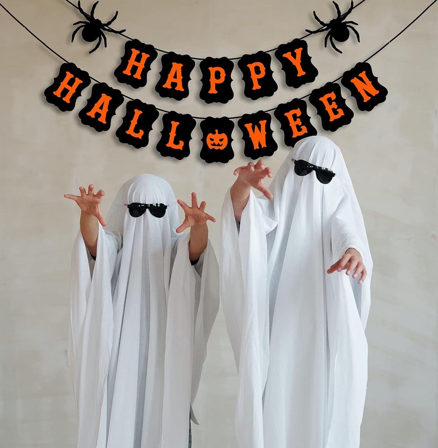 JOZON Happy Halloween Banner with Spider Pumpkin Sign