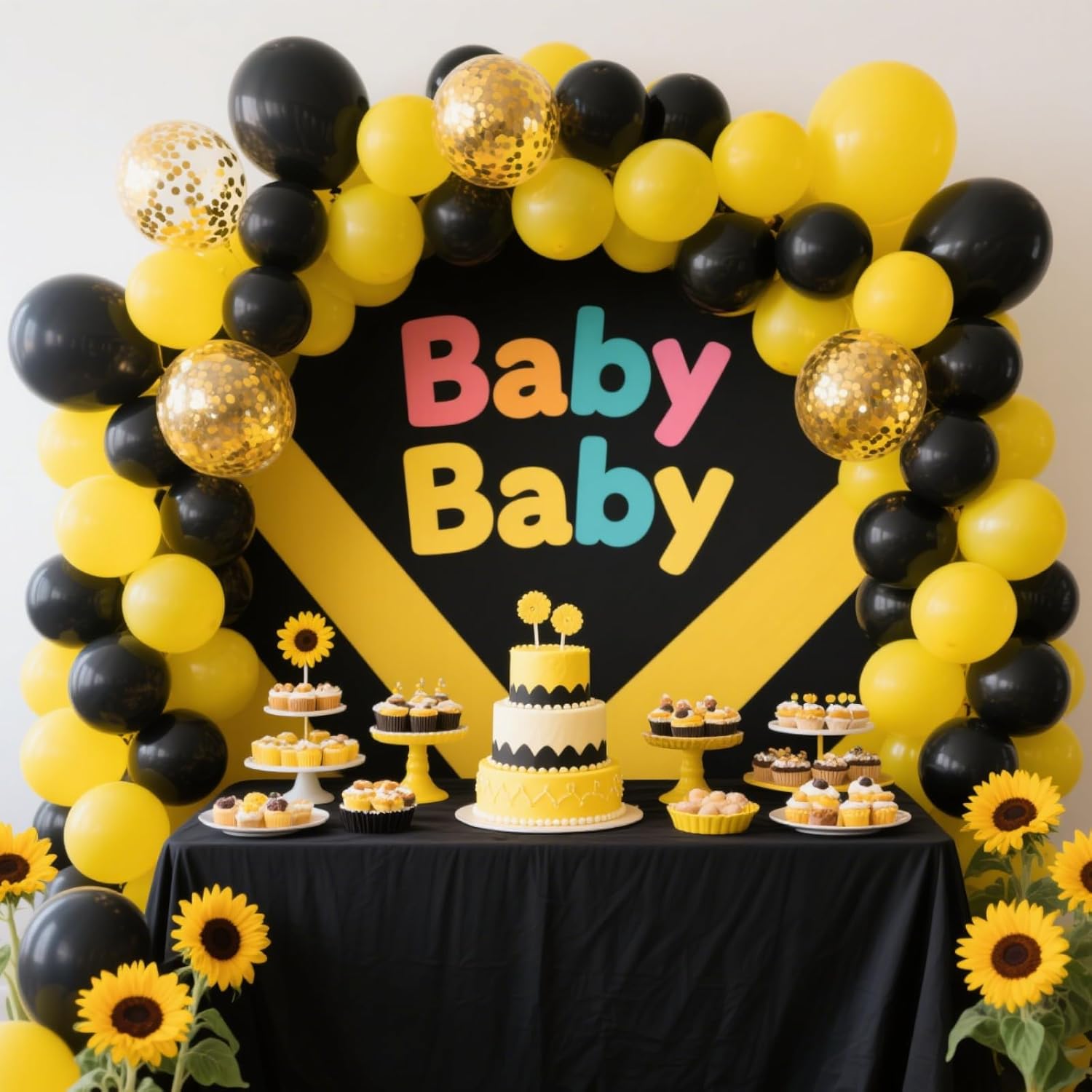 We Moment 12 Inch Yellow Black Balloons with Confetti Pack of 50