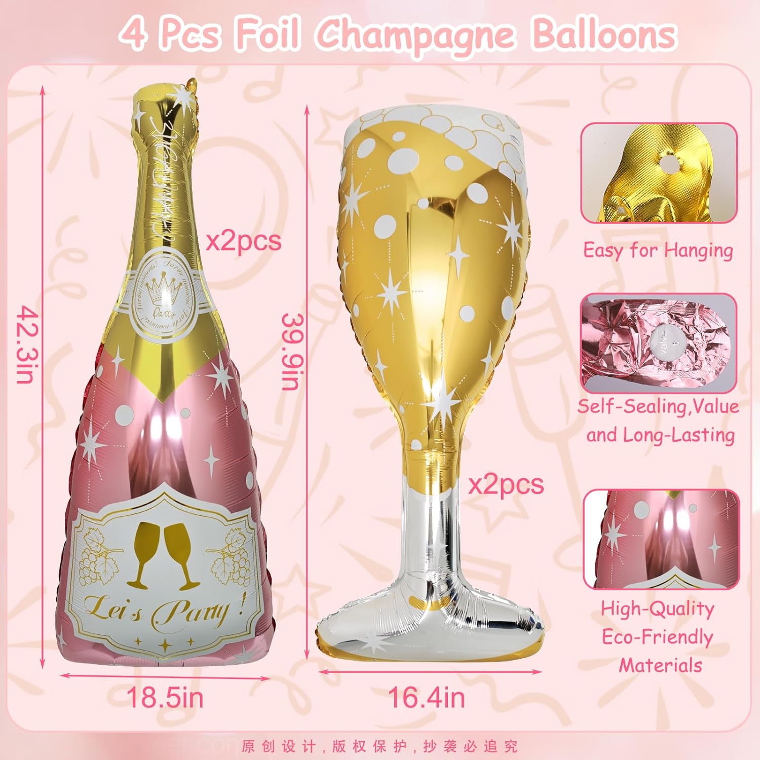 4 Pcs Champagne Balloons Rose Gold Foil Decorations