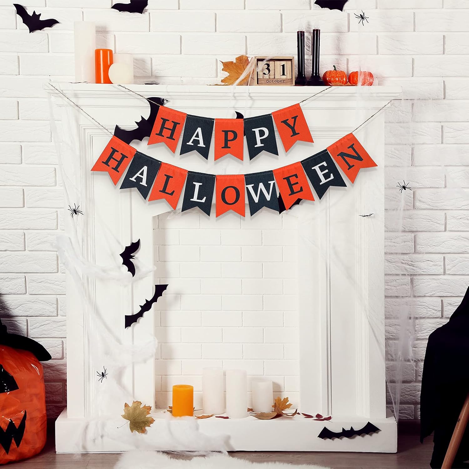 Happy Halloween Fabric Banner with String Light for Fireplace