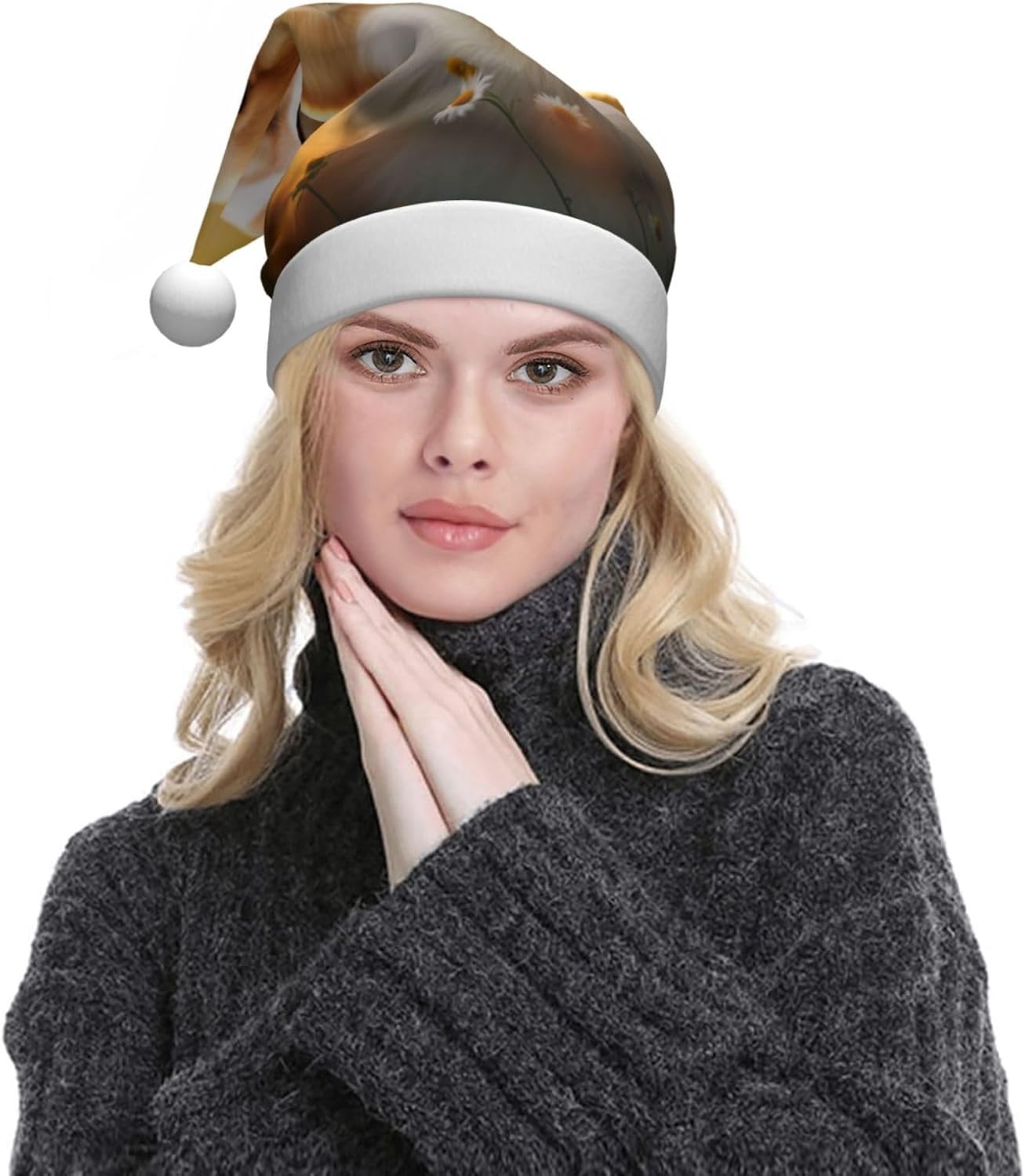 Qin Zheng Corgi Floral Santa Hat for Women