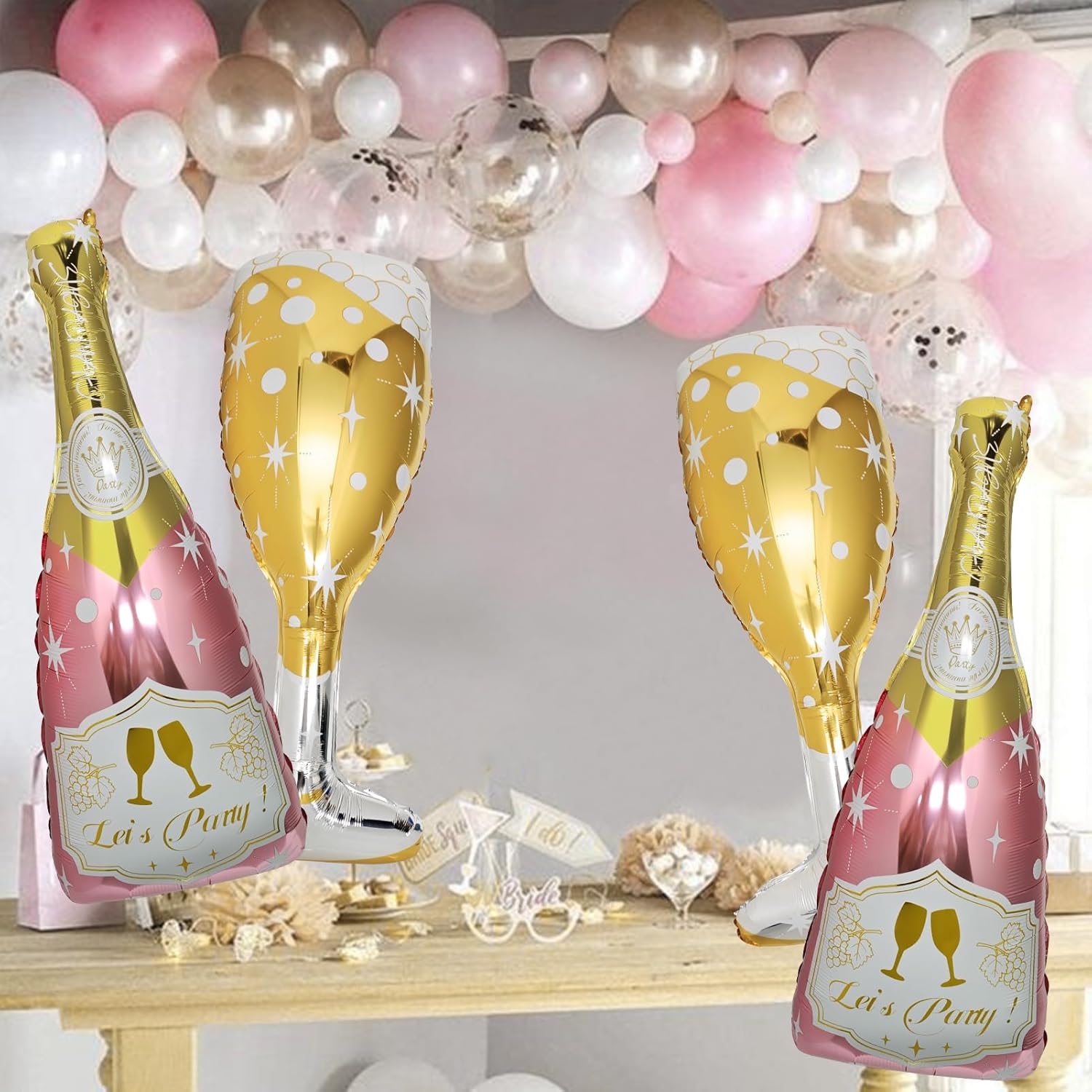 4 Pcs Champagne Balloons Rose Gold Foil Decorations