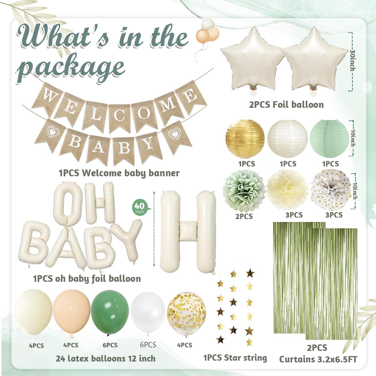 Sage Green Baby Shower Decorations Set