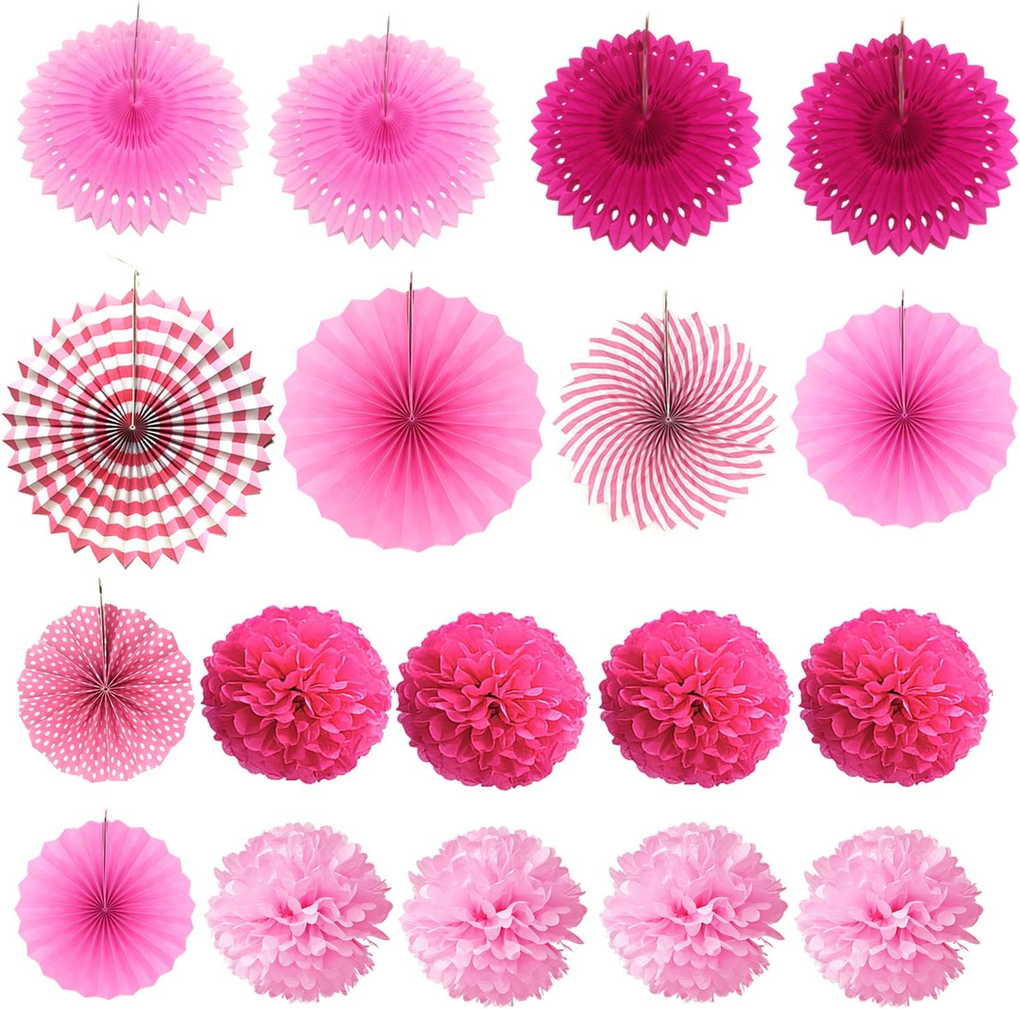 ZERODECO 21 Pcs Pink Paper Fans and Pom Poms Decorations