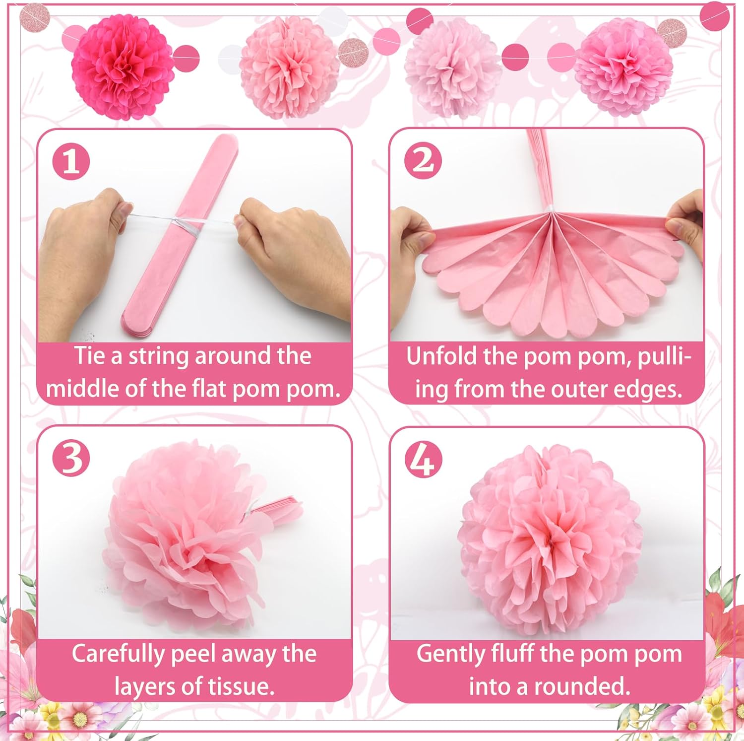 Pink Party Decorations Set with Pom Poms and Garland