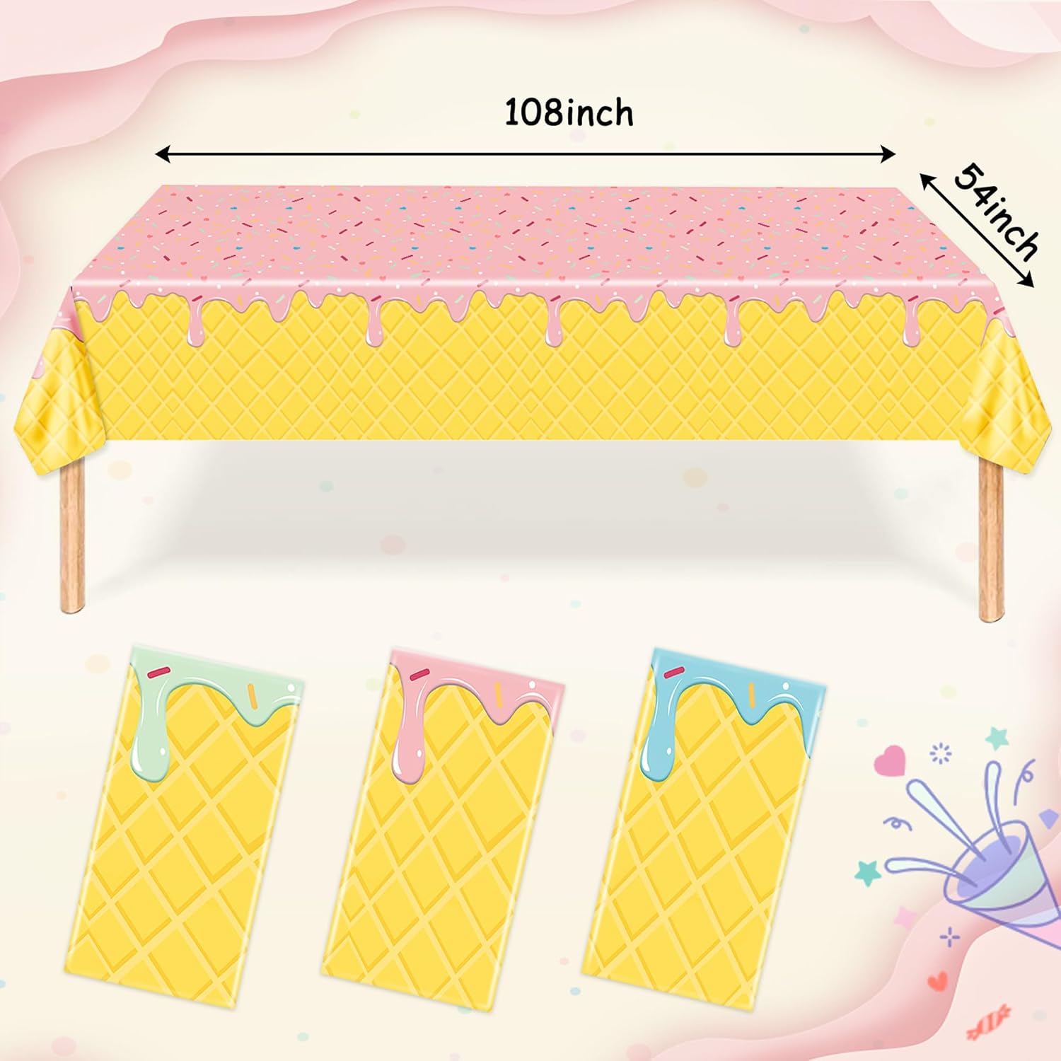 3 Pack Ice Cream Themed Tablecovers for Parties