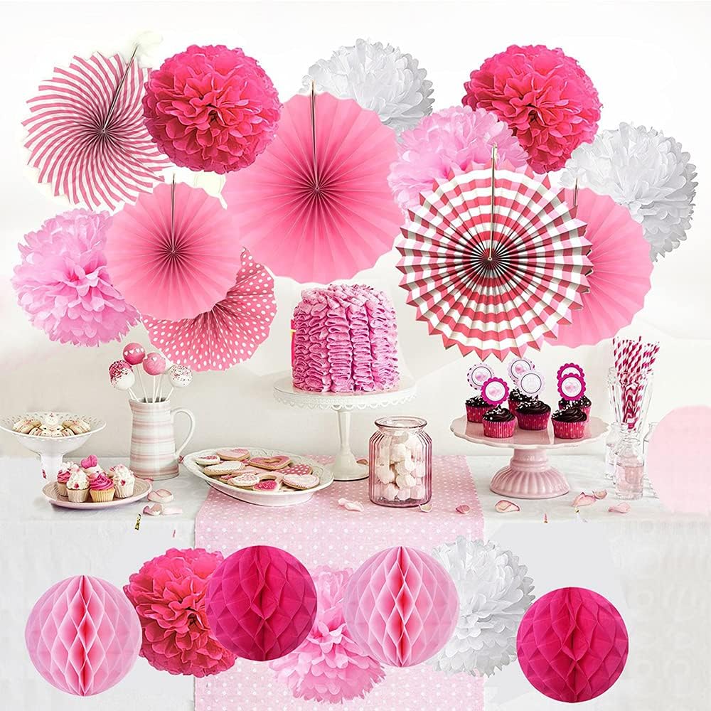Koboome Party Hanging Paper Fan Set with Pom Poms Flowers Pink