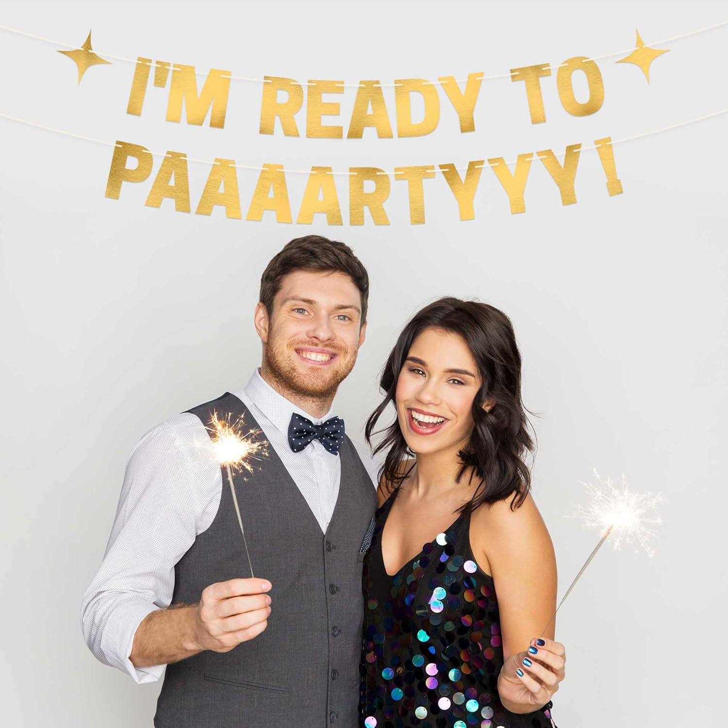 Pre-Strung Im Ready To Party Banner - Gold Metallic