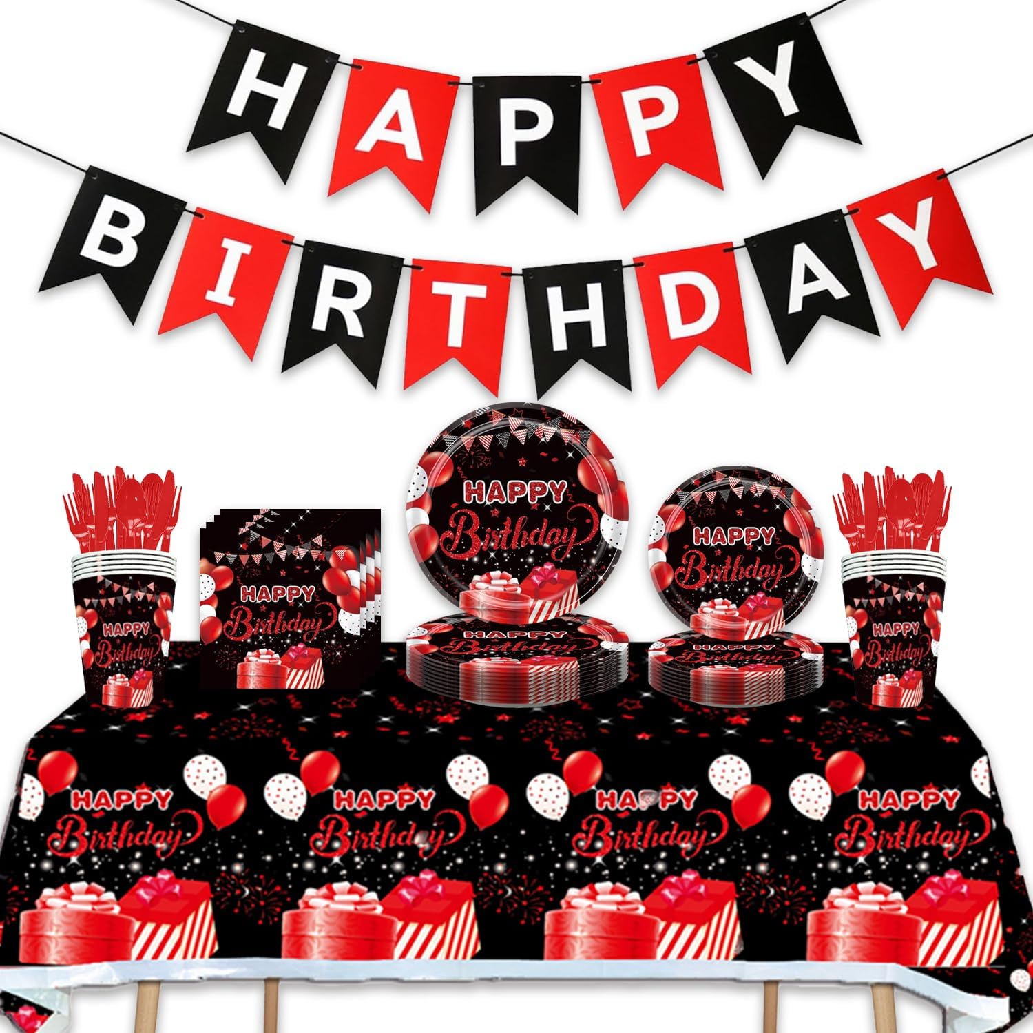 142Pcs Red Black Birthday Party Tableware Set for 20 Guests