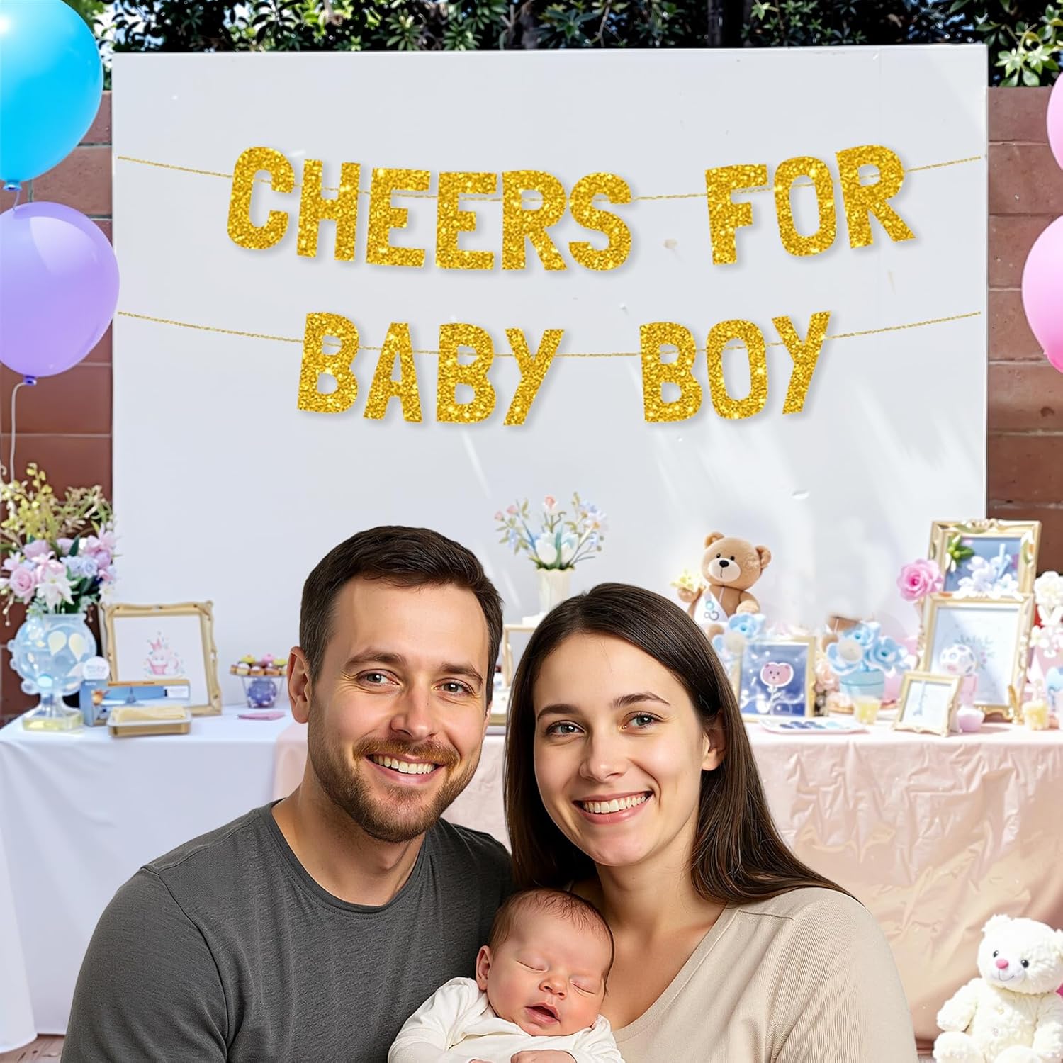 Meowoo Happy Cheers for Baby Boy Gold Glitter Banner