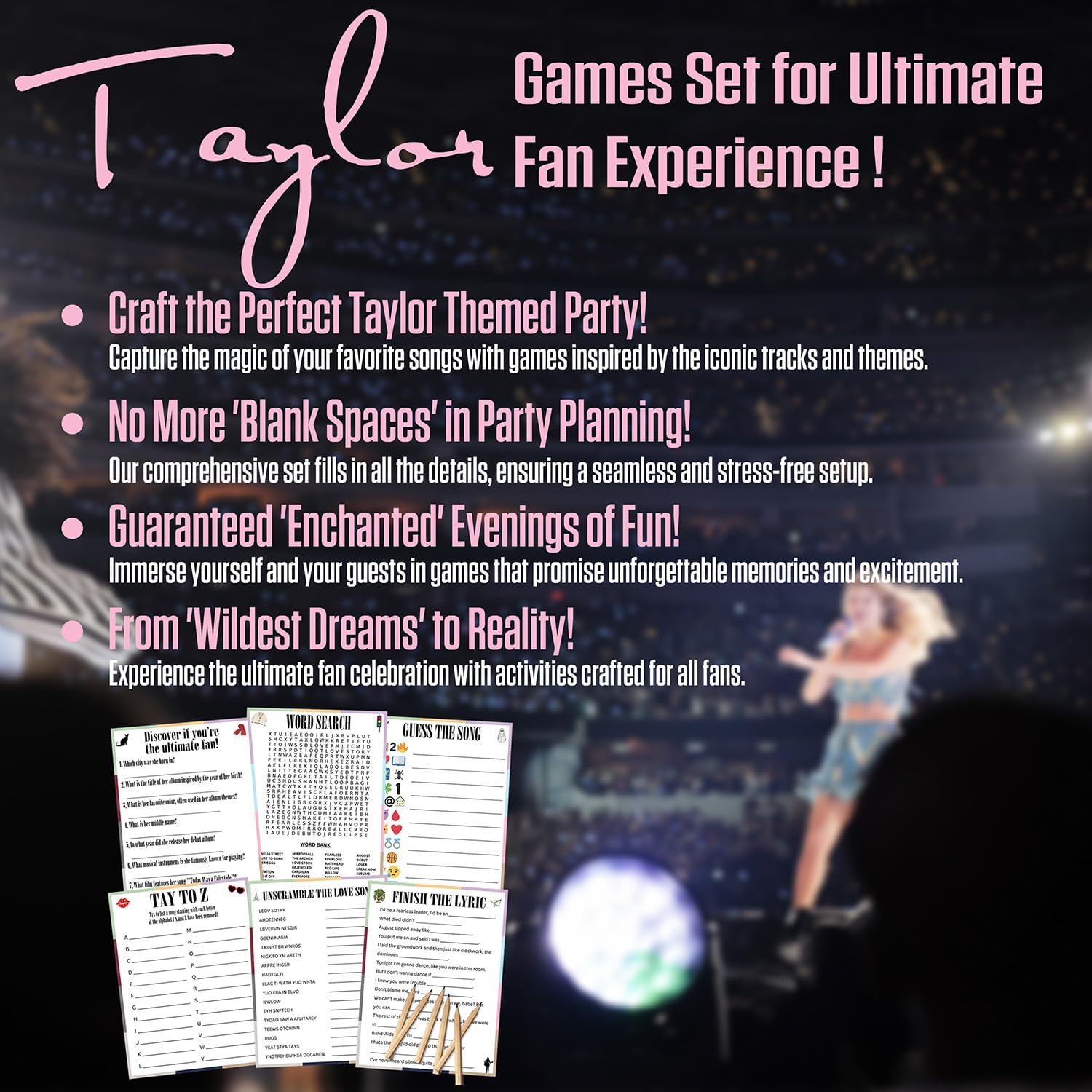 Taylor Birthday Party Favor Set with 15 Games and Pencils