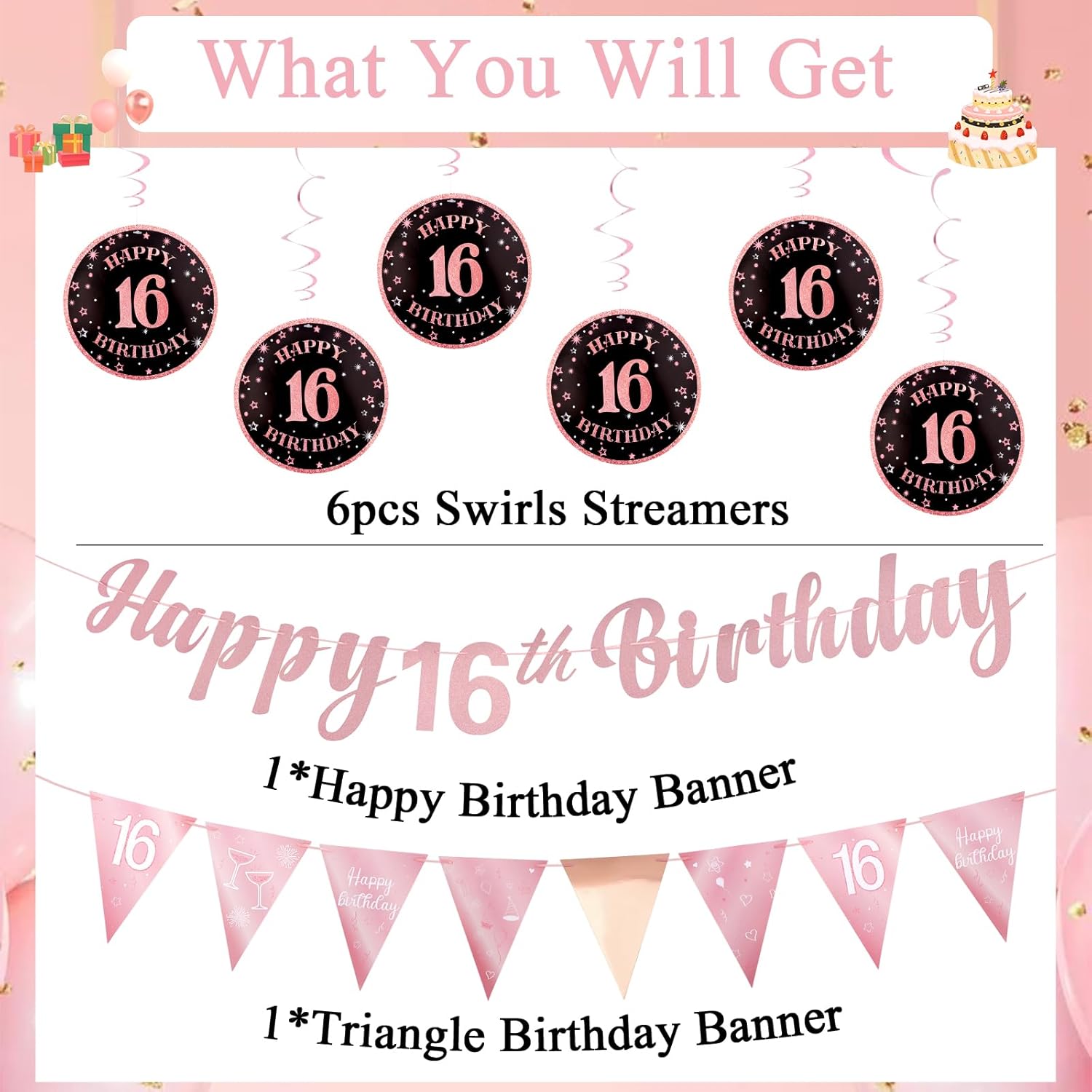 16th Birthday Decorations Set for Girls - Rose Gold