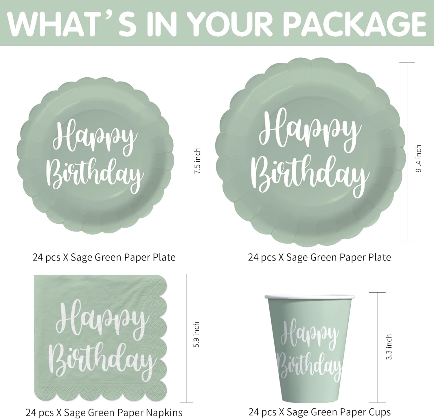 Sage Green Birthday Party Decorations Set for 24