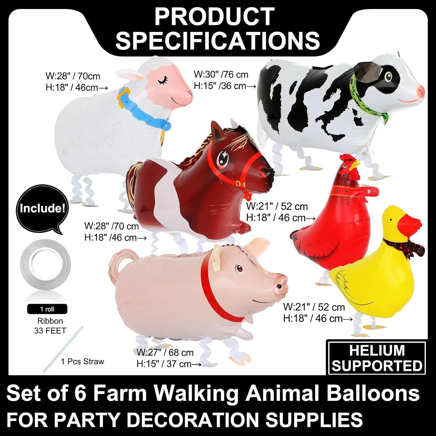 Walking Farm Animals Balloons Pack of 6 For Kids Party