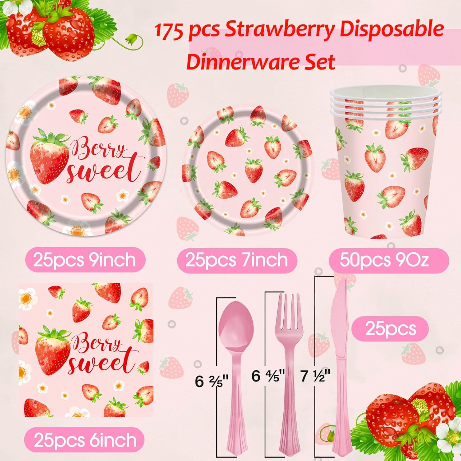 Strawberry Themed Tableware Set - 175 Pieces Baby Shower Party Supplies