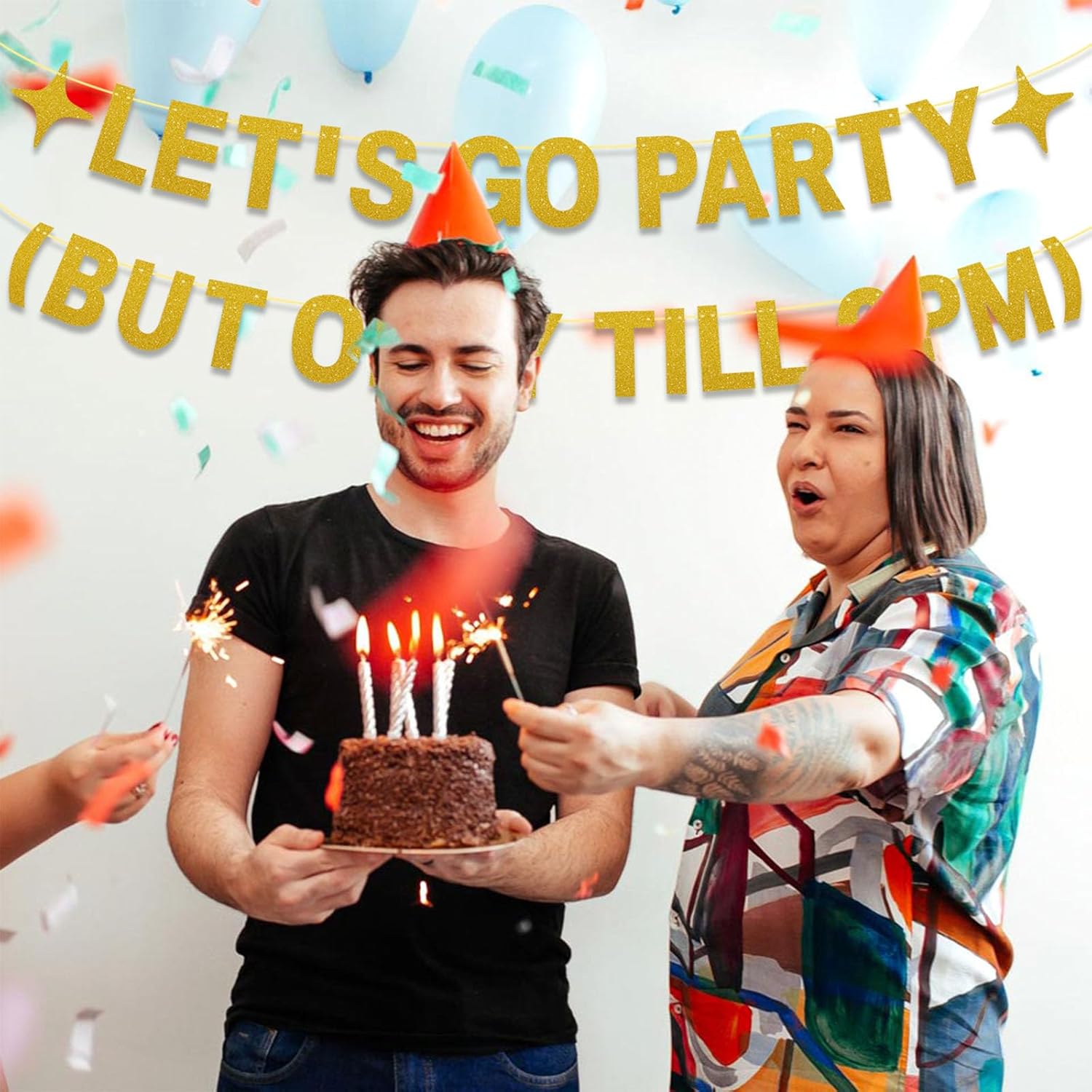 Happy Birthday Banner for Men Women Gold LETS GO PARTY Sign