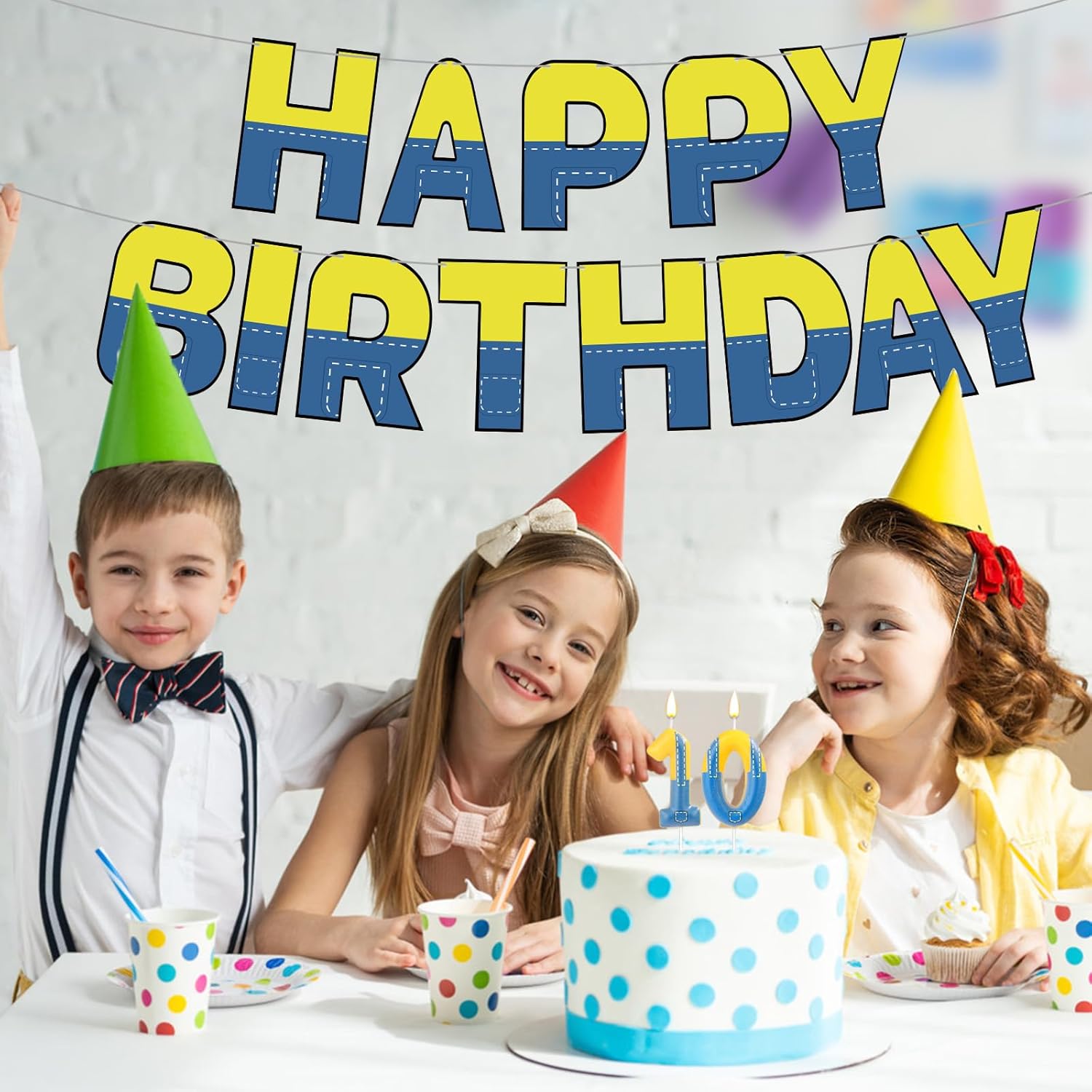 Gosknor Cartoon Birthday Banner Yellow Blue Garland Sign