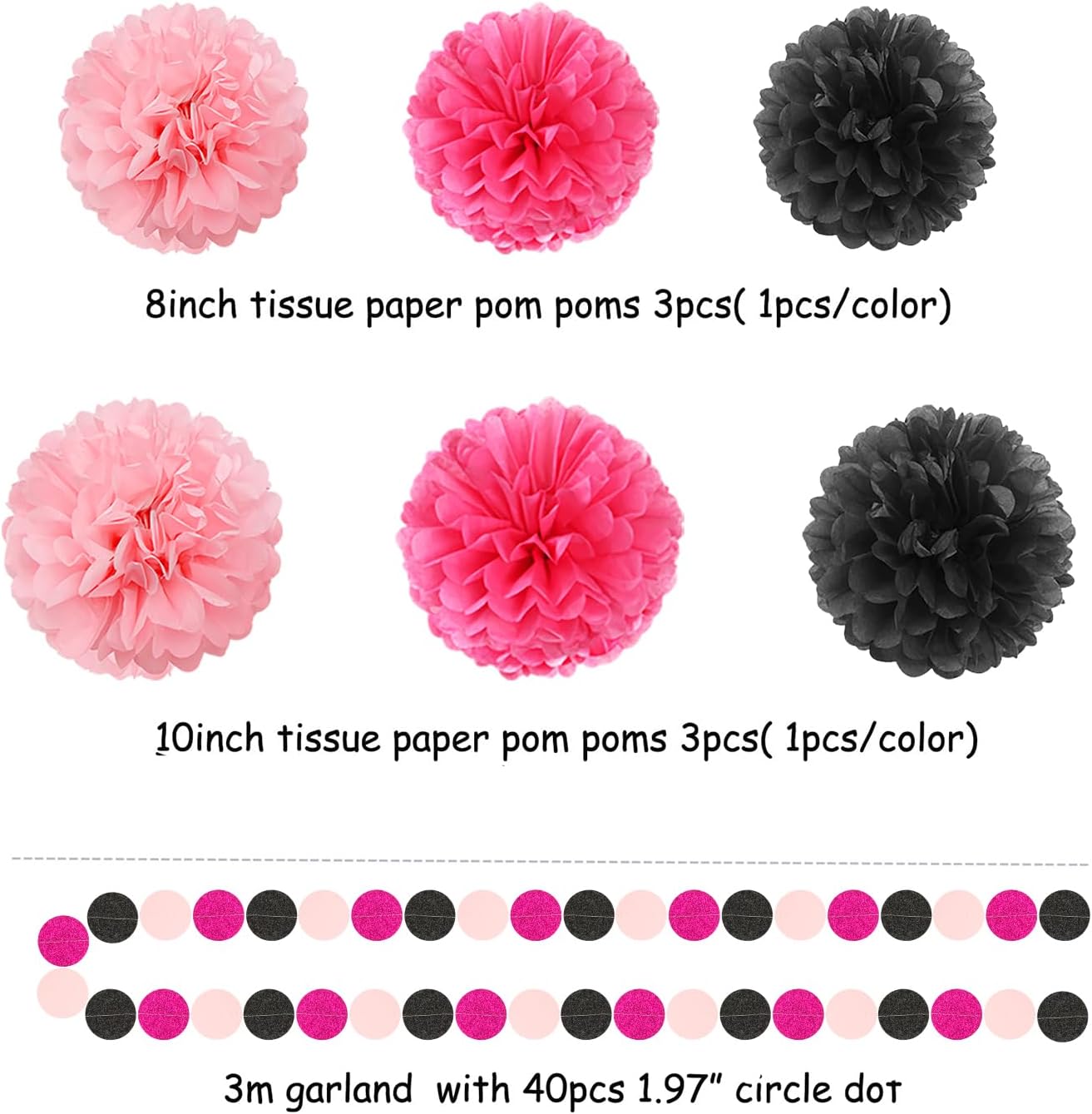 Hot-Pink Black Party Decorations Paper Flowers Streamers 23pcs