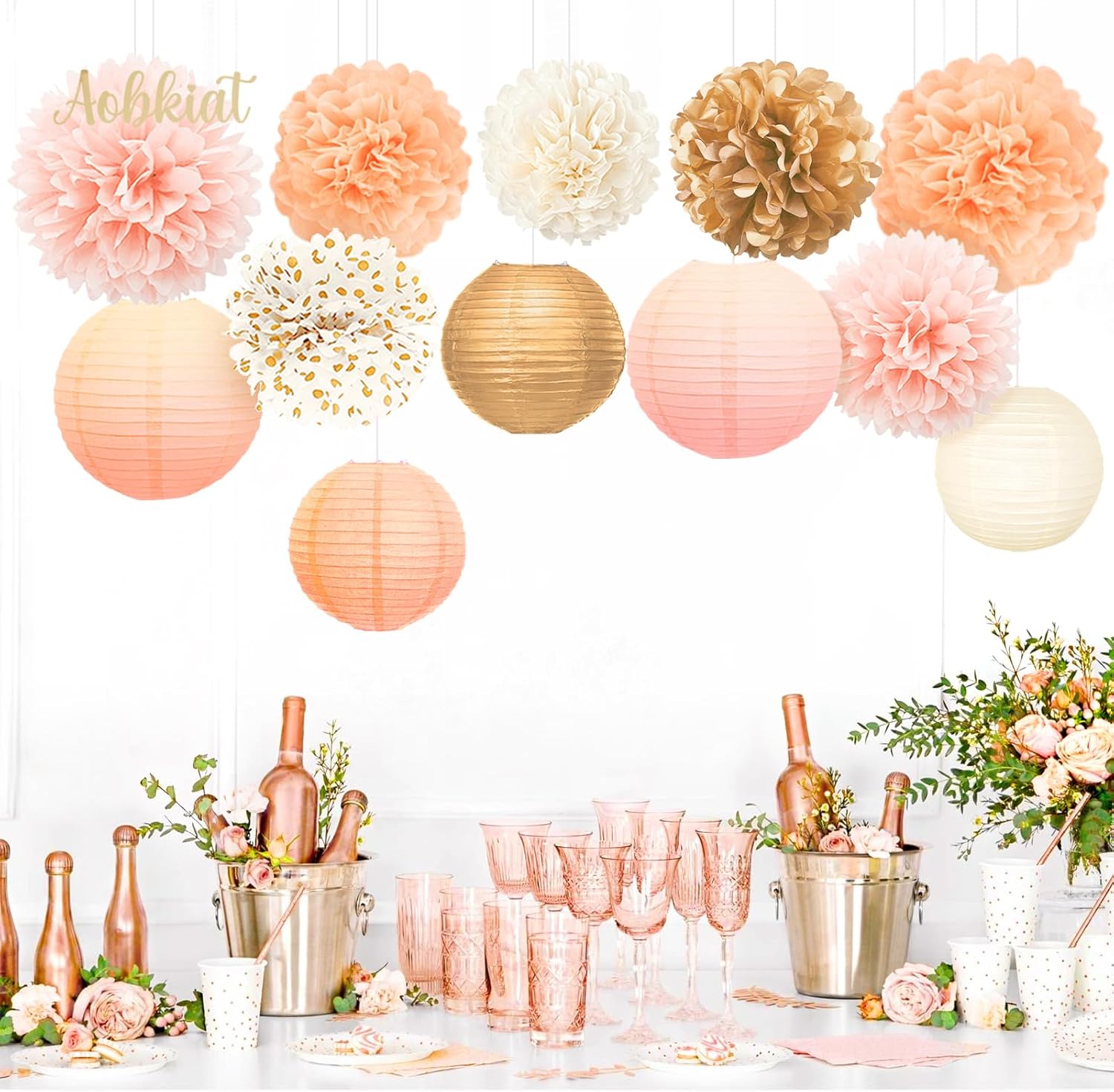 AOBKIAT 12PCS Pink Gold Peach Tissue Paper Pom Poms and Lanterns