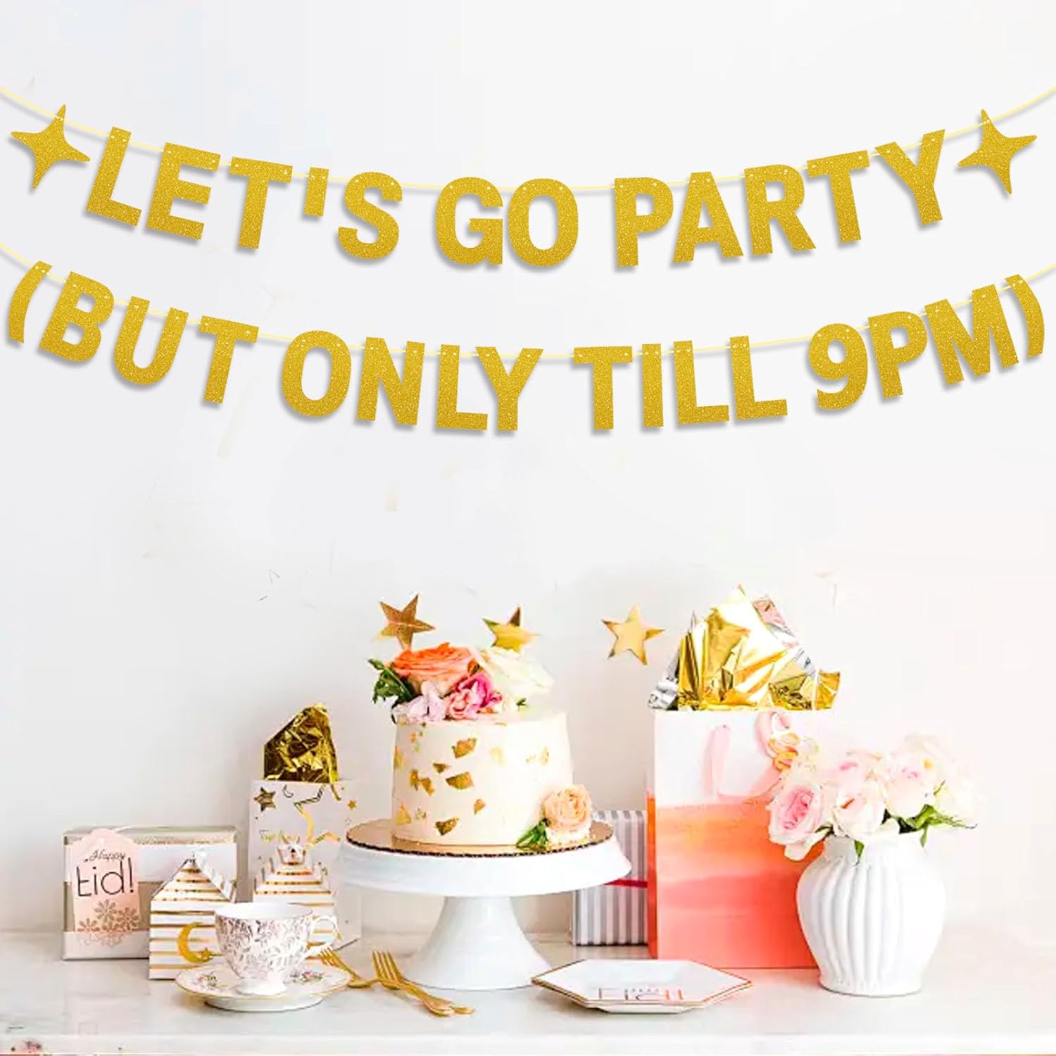 Happy Birthday Banner for Men Women Gold LETS GO PARTY Sign