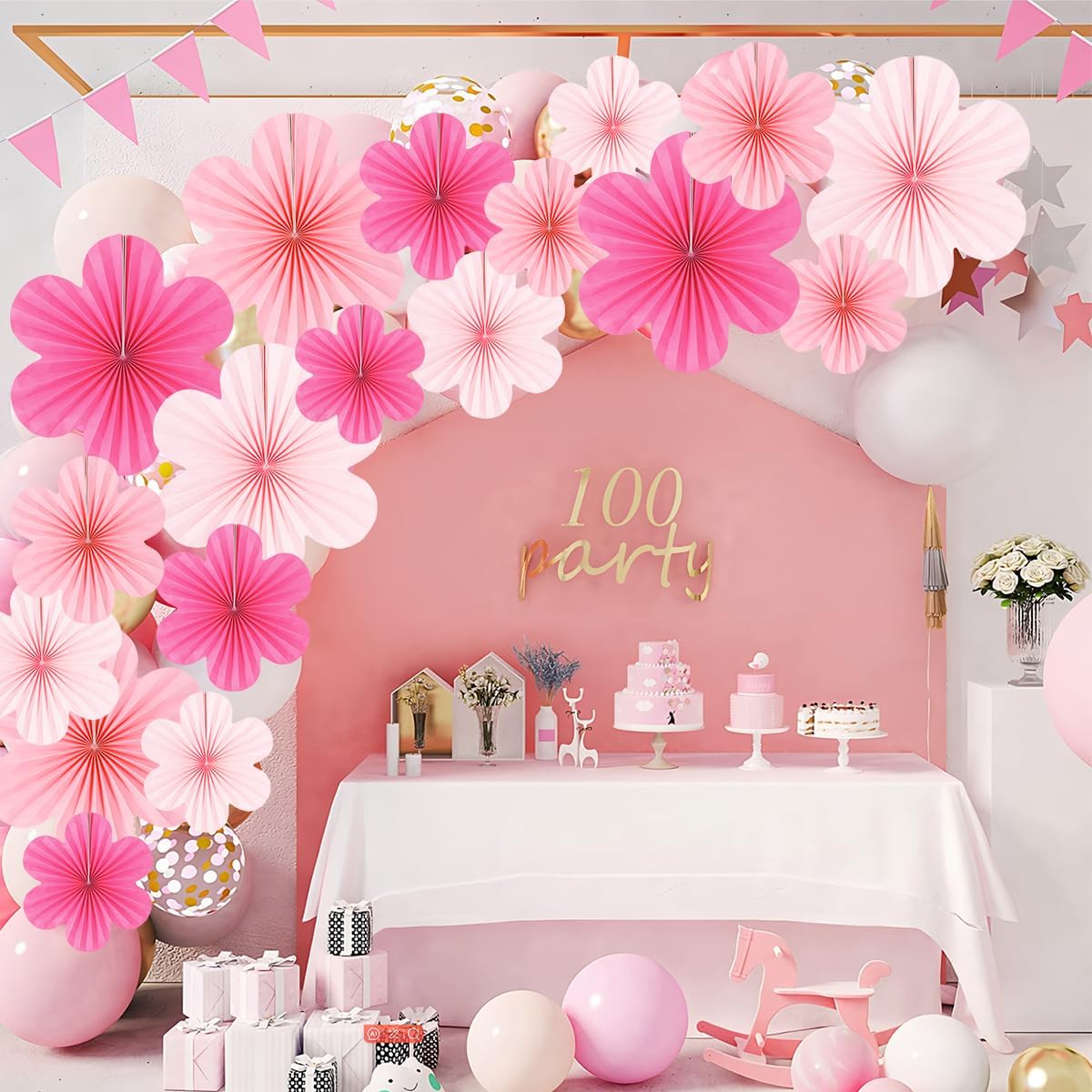DODOKIM Pink Paper Fans Wall Decor Pack of 9